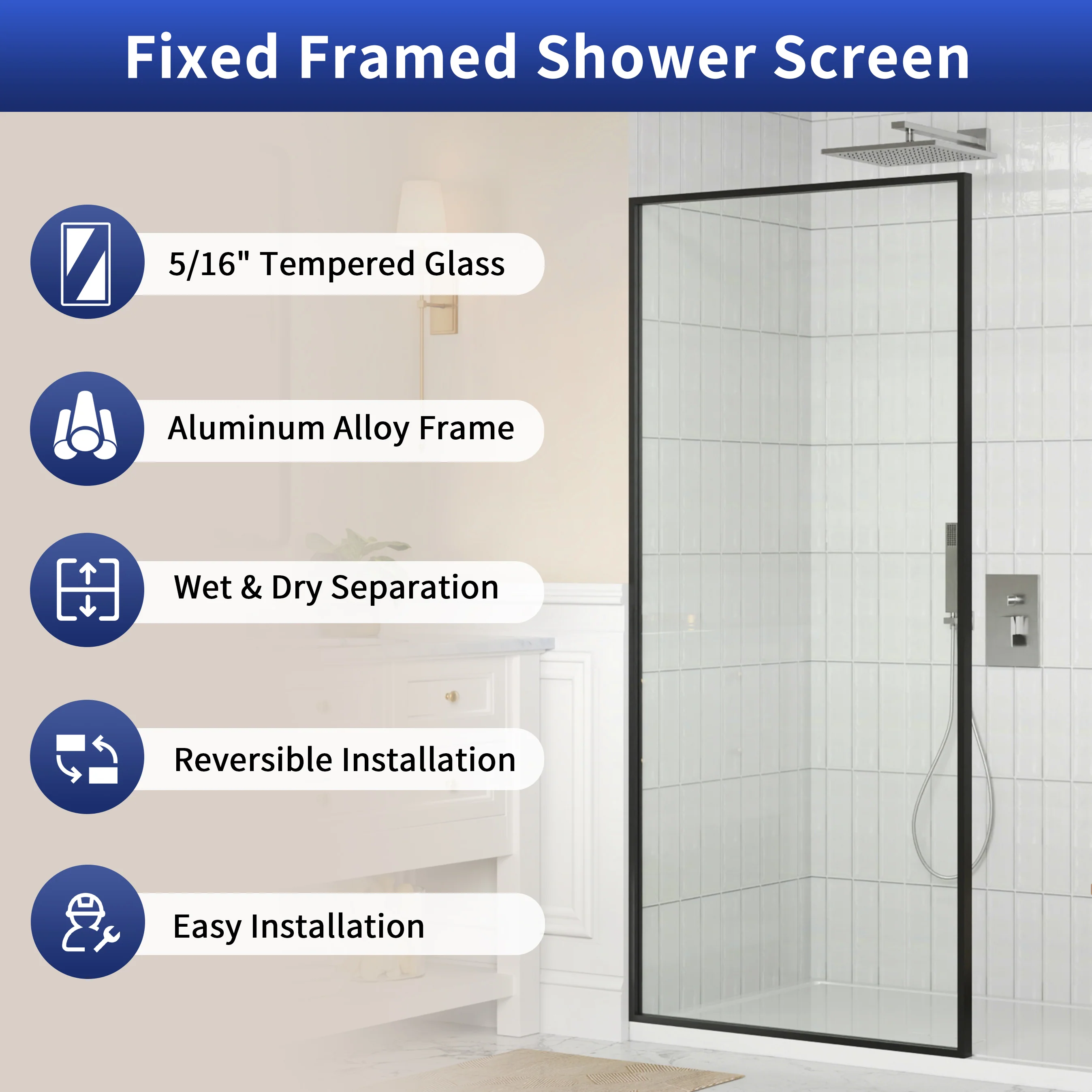DeerValley DV-1SD0409B08 34" W x 74" H Fixed Glass Shower Screen, Bathroom Shower Glass Door with 5/16" Clear SGCC Tempered Glass Panel, Reversible Installation，Matte Black - Image 14