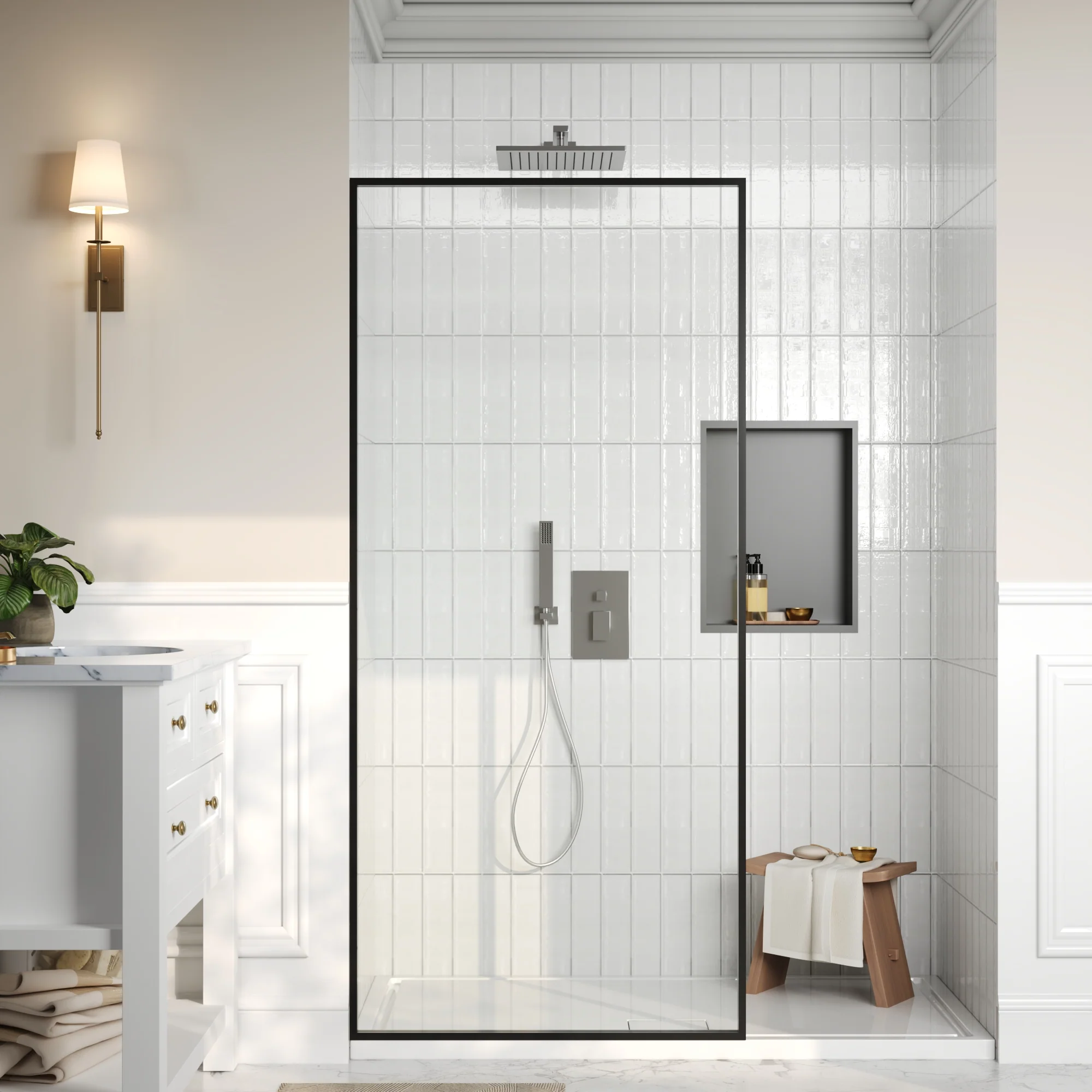 DeerValley DV-1SD0409B08 34" W x 74" H Fixed Glass Shower Screen, Bathroom Shower Glass Door with 5/16" Clear SGCC Tempered Glass Panel, Reversible Installation，Matte Black - Image 2