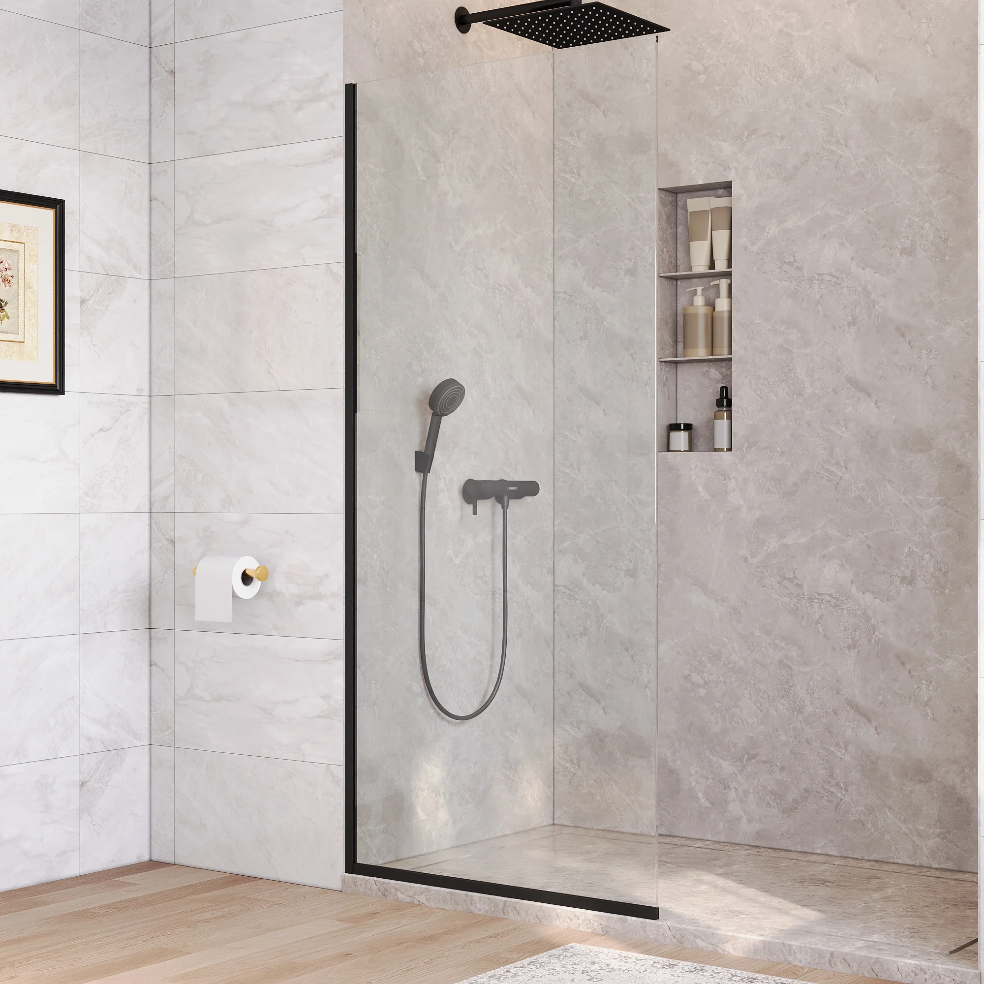 DeerValley DV-1SD0410B08 Fixed Shower Screen, 34" W × 74" H Semi-Framed Design, Matte Black 304 Stainless Steel Frame with 8mm (5/16") Premium Tempered Safety Glass, Modern Minimalist Style for Space-Saving Bathrooms - Image 3
