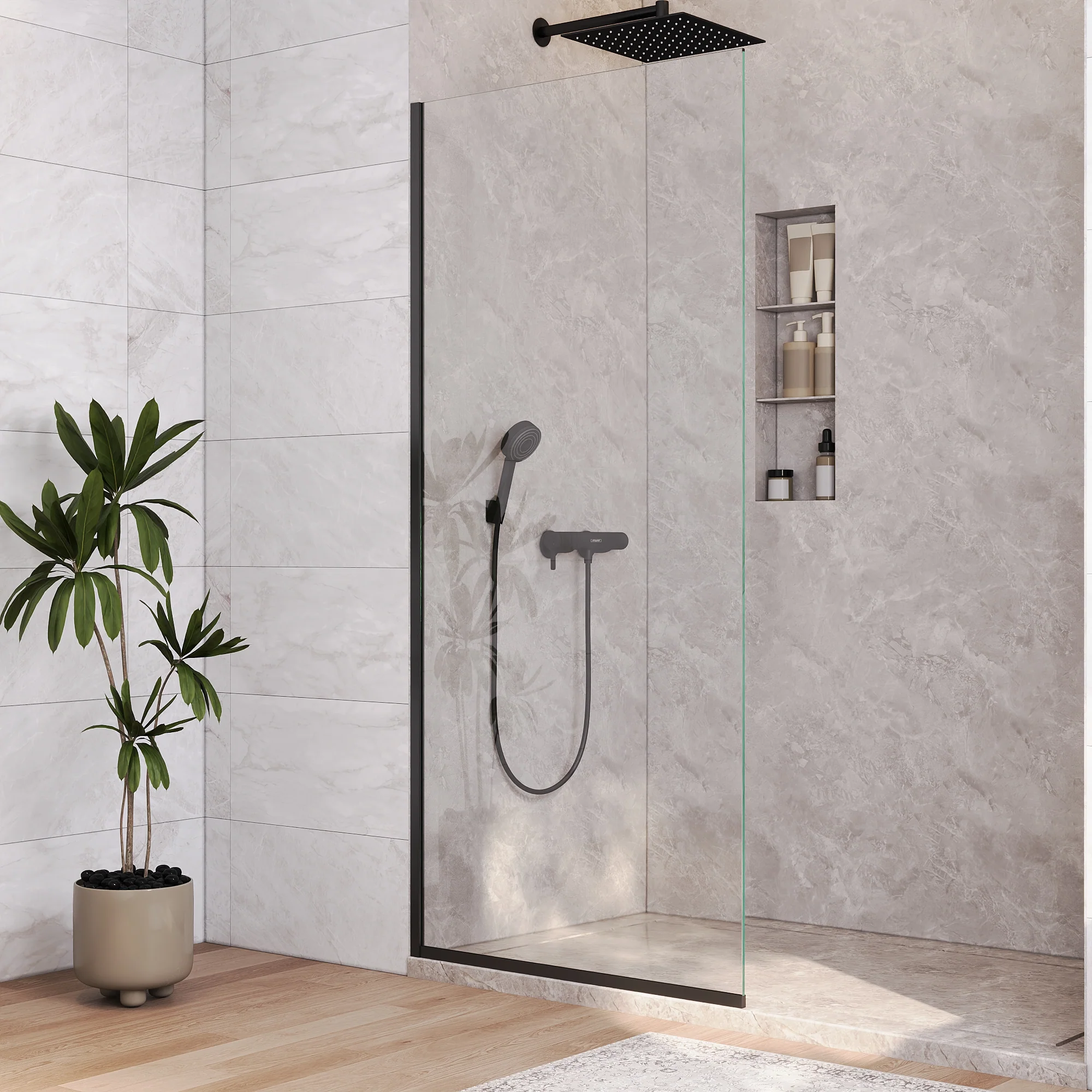 DeerValley DV-1SD0410B08 Fixed Shower Screen, 34" W × 74" H Semi-Framed Design, Matte Black 304 Stainless Steel Frame with 8mm (5/16") Premium Tempered Safety Glass, Modern Minimalist Style for Space-Saving Bathrooms - Image 4