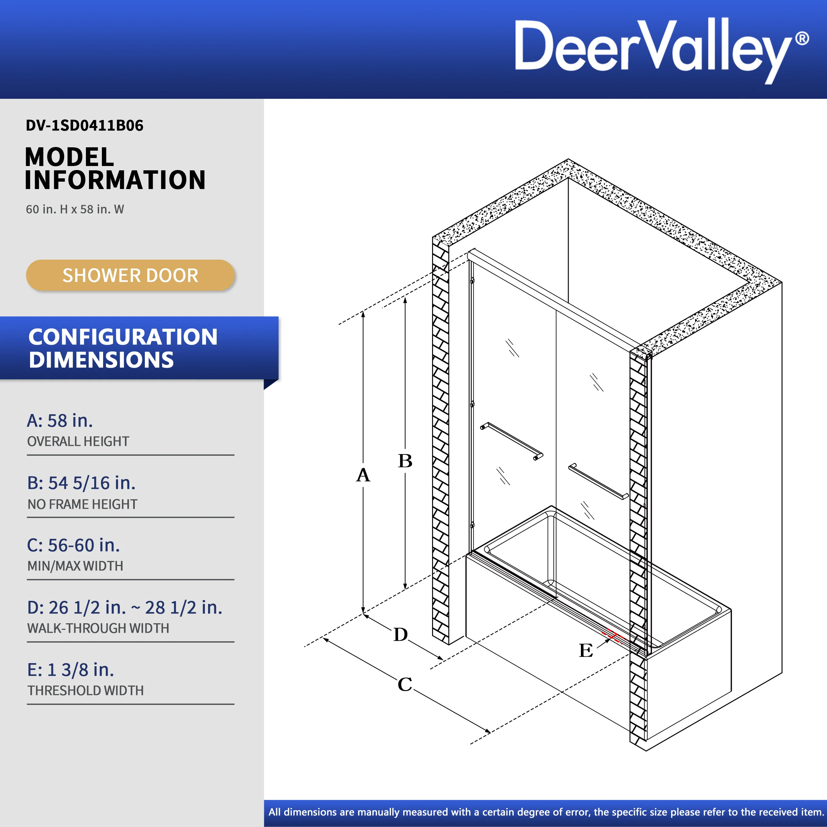 57" - 60" W x 58" H Double Sliding Semi-Frameless Tub Shower Door with 1/4" Tempered Clear Glass - Image 10