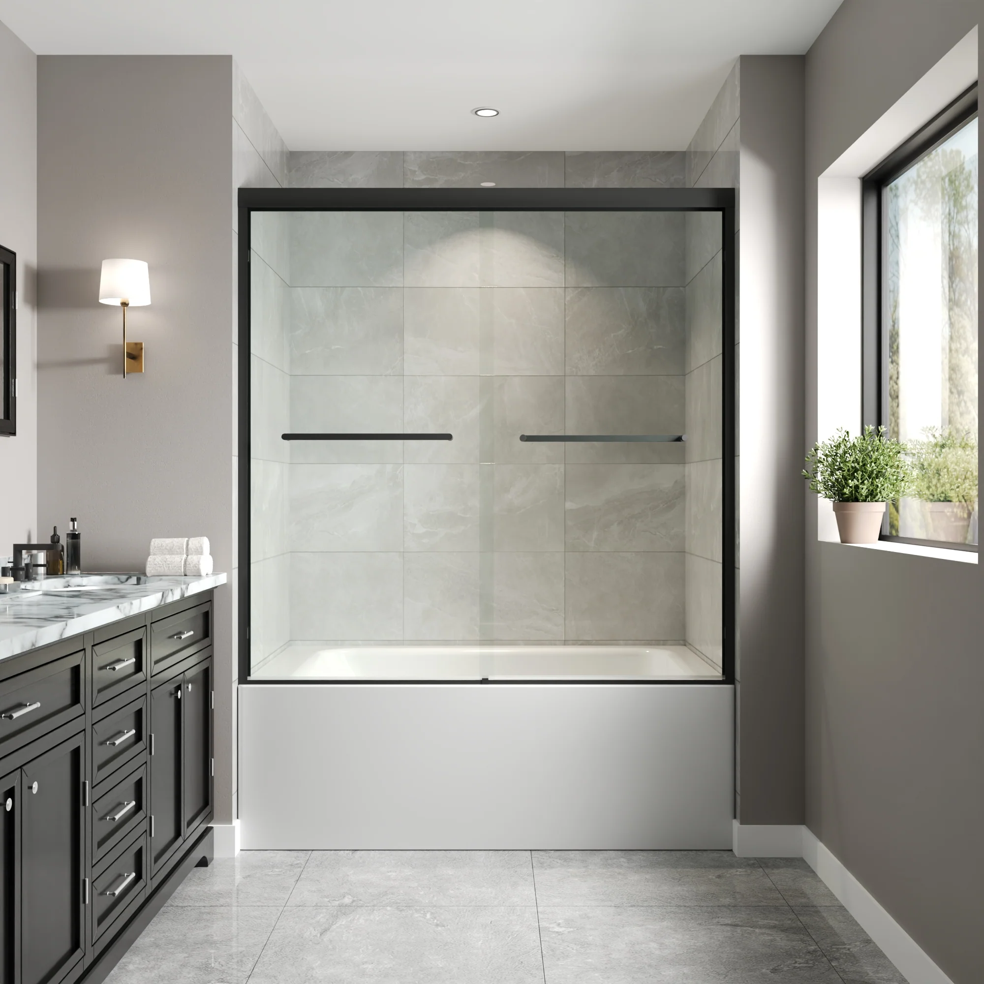 DeerValley 56" - 60" W x 60" H Framed Double Sliding Tub Door, Bypass Sliding Bathtub Shower Door with 1/4" Clear Tempered Glass, Aluminum Frame with Stainless Steel Towel Bar, Matte Black