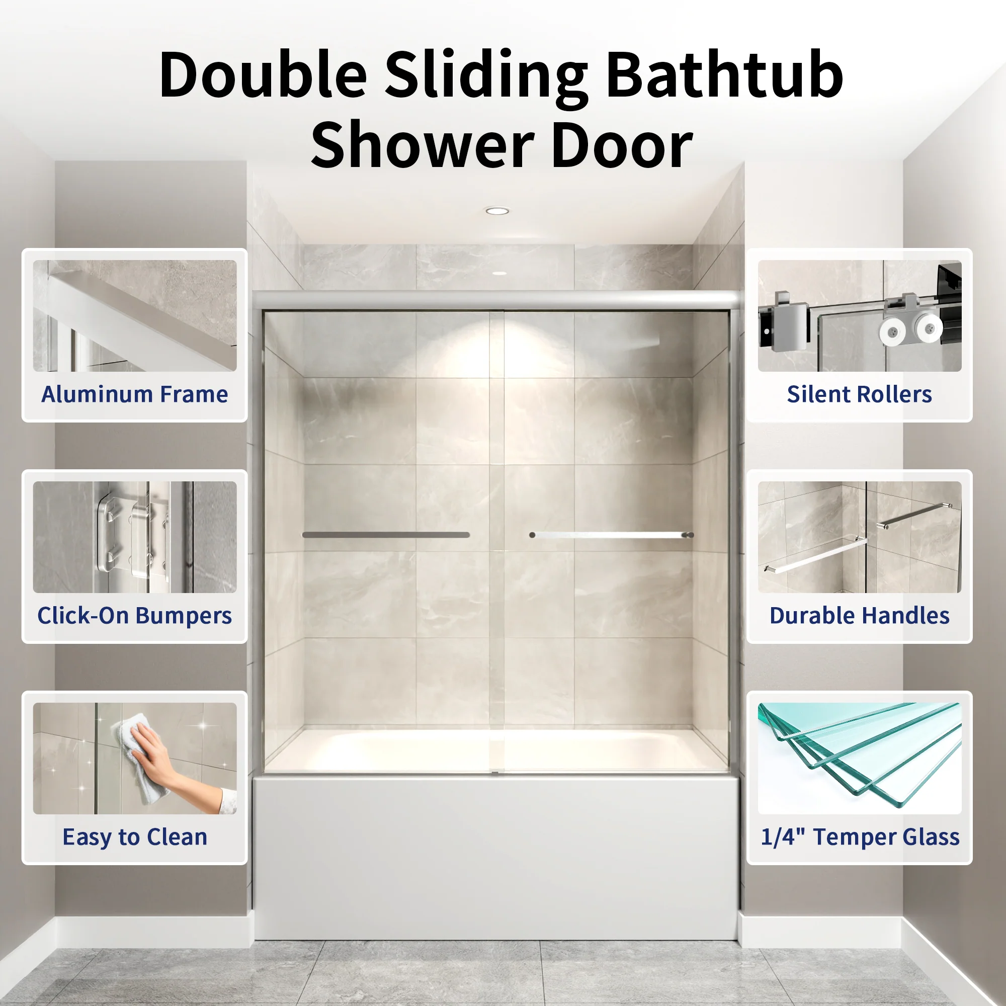 DeerValley 56" - 60" W x 60" H Framed Double Sliding Tub Door, Bypass Sliding Bathtub Shower Door with 1/4" Clear Tempered Glass, Aluminum Frame with Stainless Steel Towel Bar, Matte Black - Image 11
