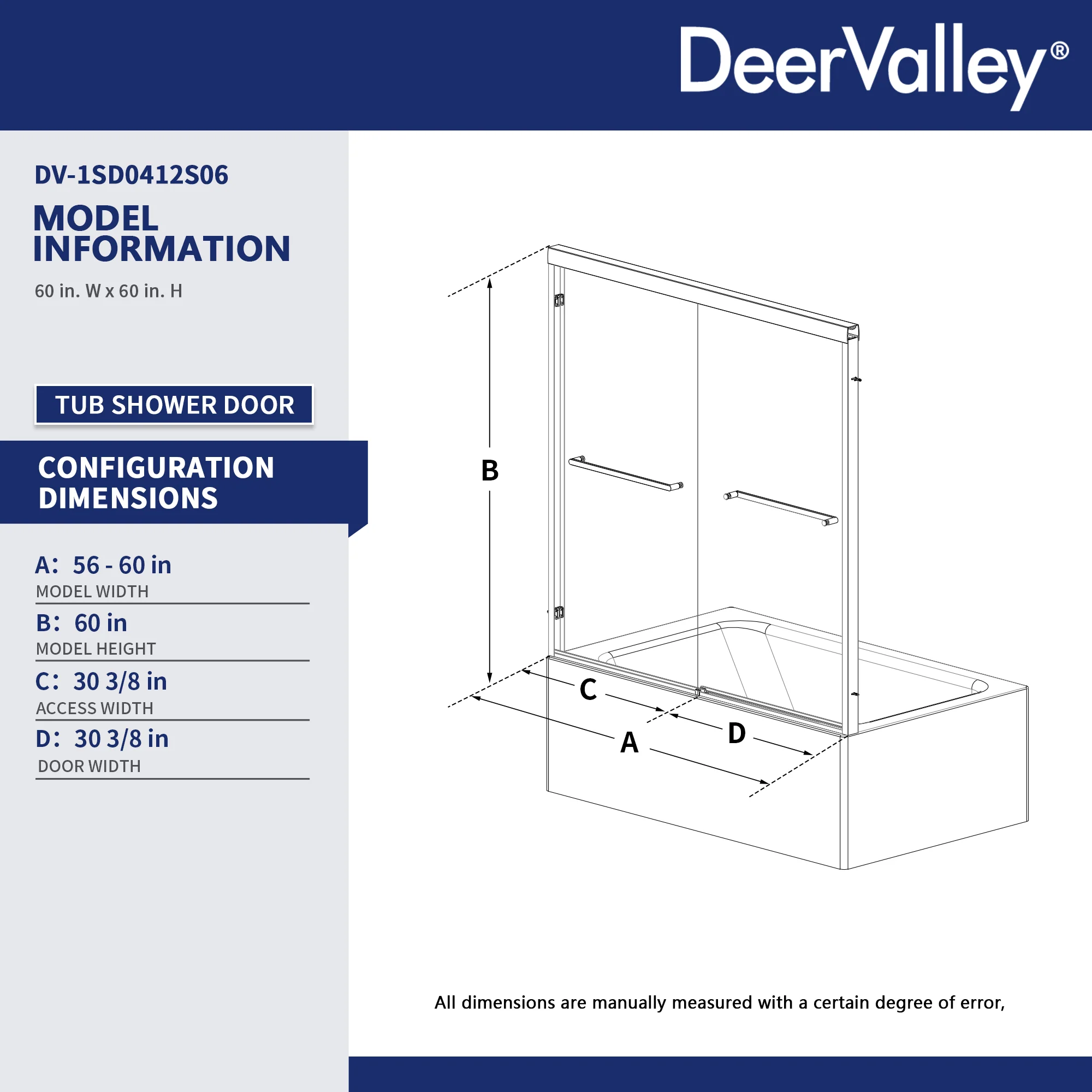 DeerValley 56" - 60" W x 60" H Framed Double Sliding Tub Door, Bypass Sliding Bathtub Shower Door with 1/4" Clear Tempered Glass, Aluminum Frame with Stainless Steel Towel Bar, Matte Black - Image 13