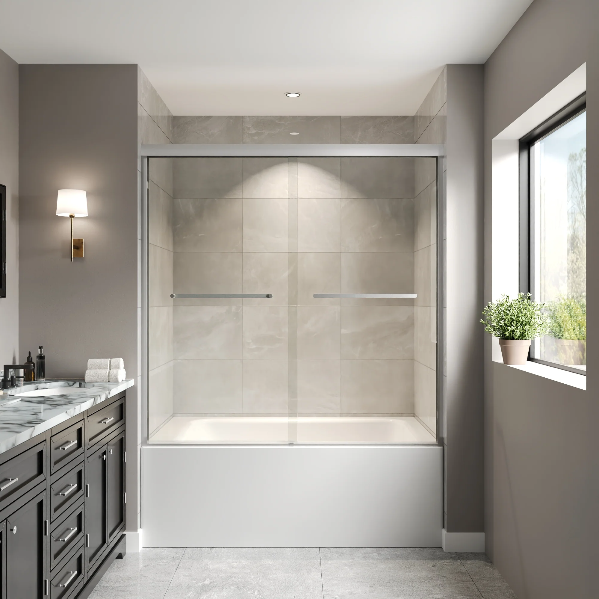 DeerValley 56" - 60" W x 60" H Framed Double Sliding Tub Door, Bypass Sliding Bathtub Shower Door with 1/4" Clear Tempered Glass, Aluminum Frame with Stainless Steel Towel Bar, Matte Black - Image 2