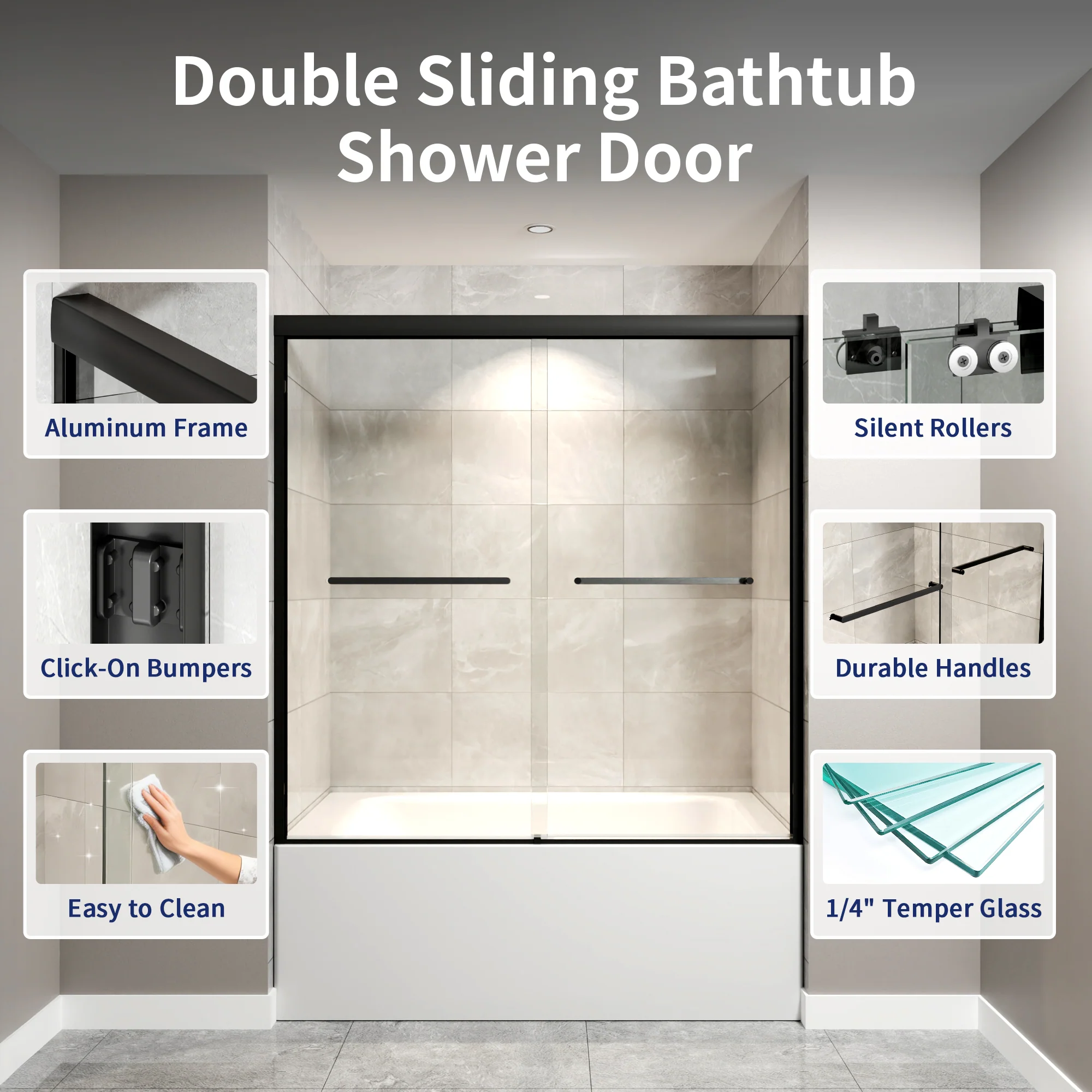 DeerValley 56" - 60" W x 60" H Framed Double Sliding Tub Door, Bypass Sliding Bathtub Shower Door with 1/4" Clear Tempered Glass, Aluminum Frame with Stainless Steel Towel Bar, Matte Black - Image 23