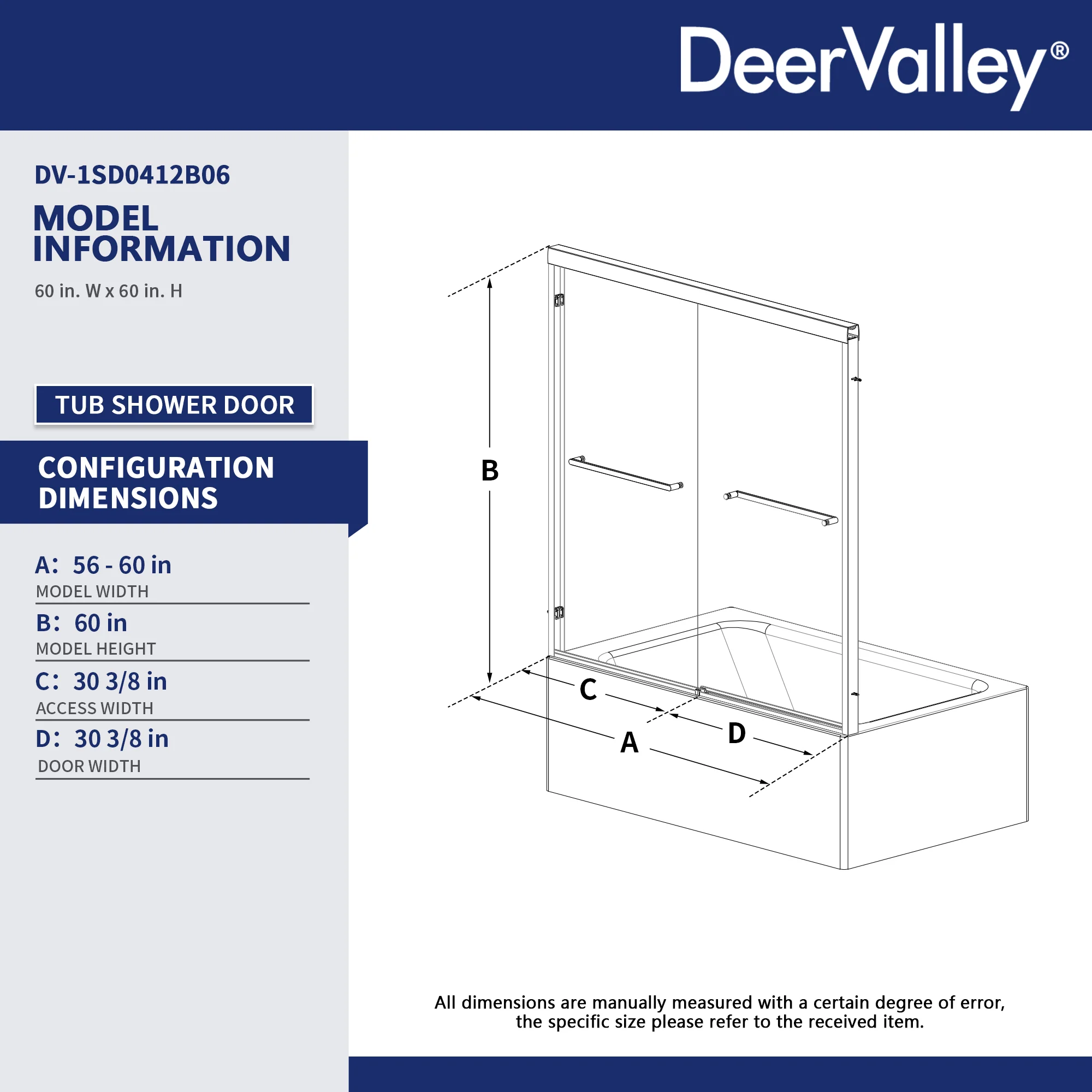 DeerValley 56" - 60" W x 60" H Framed Double Sliding Tub Door, Bypass Sliding Bathtub Shower Door with 1/4" Clear Tempered Glass, Aluminum Frame with Stainless Steel Towel Bar, Matte Black - Image 24