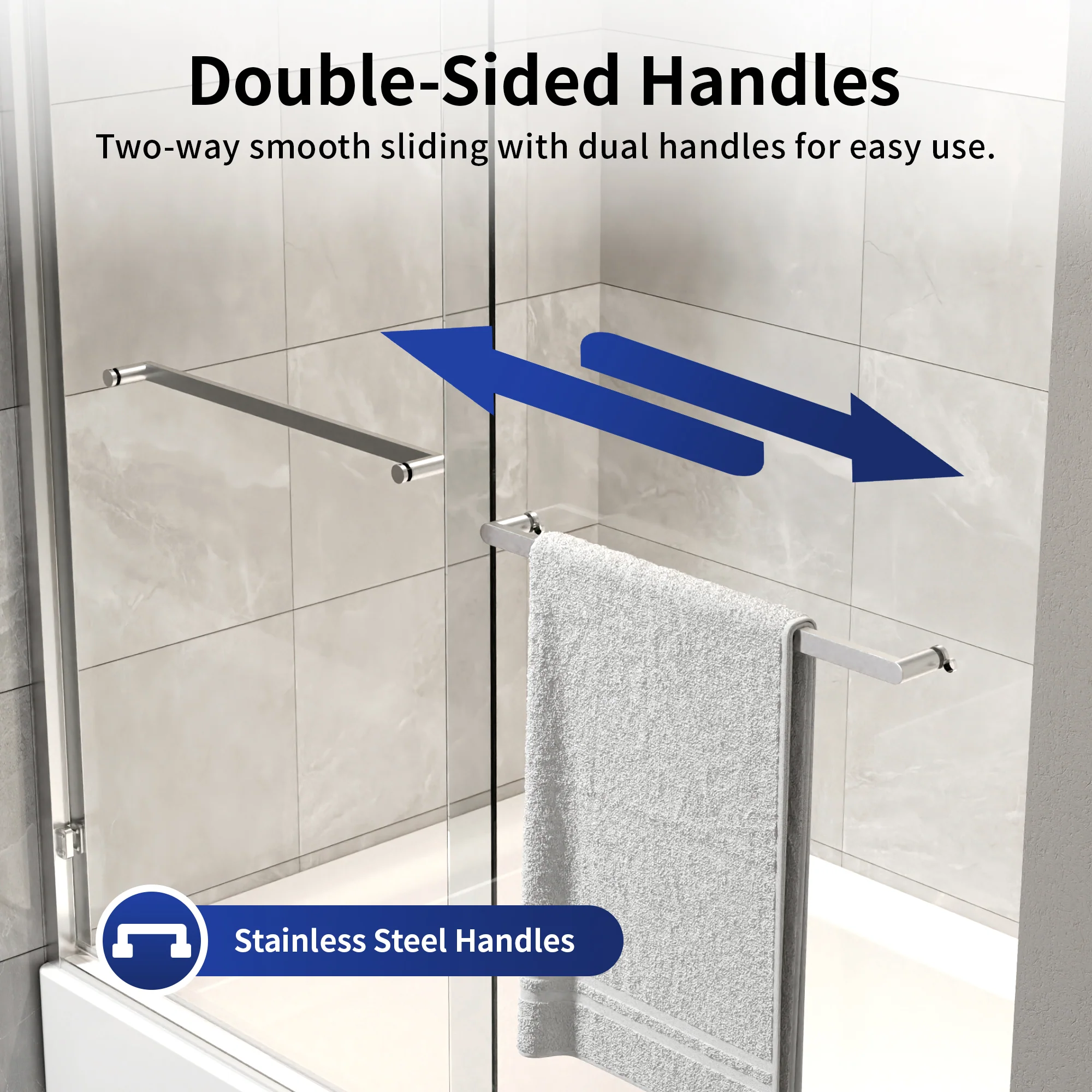 DeerValley 56" - 60" W x 60" H Framed Double Sliding Tub Door, Bypass Sliding Bathtub Shower Door with 1/4" Clear Tempered Glass, Aluminum Frame with Stainless Steel Towel Bar, Matte Black - Image 4