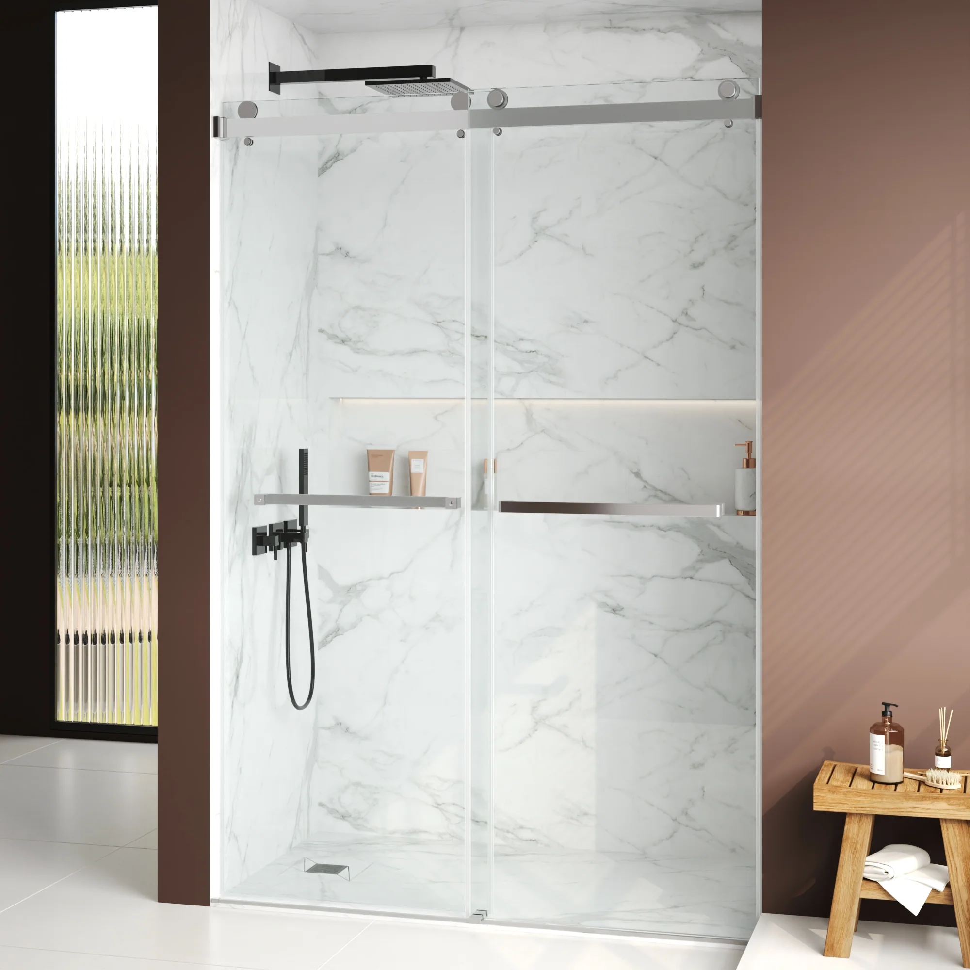 76×48" Frameless Dual-Sliding Shower Door with 5/16" Tempered Glass, 304 Stainless Steel Hardware, Anti-Jump Rollers, Dual Seals, 3-Color Options - Image 16