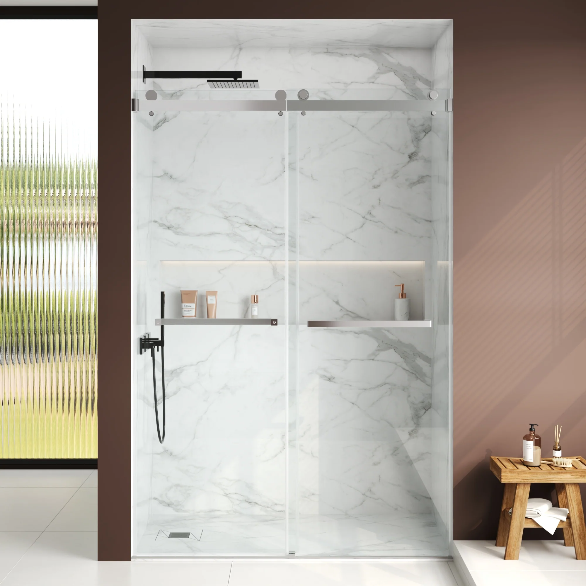76×48" Frameless Dual-Sliding Shower Door with 5/16" Tempered Glass, 304 Stainless Steel Hardware, Anti-Jump Rollers, Dual Seals, 3-Color Options - Image 2