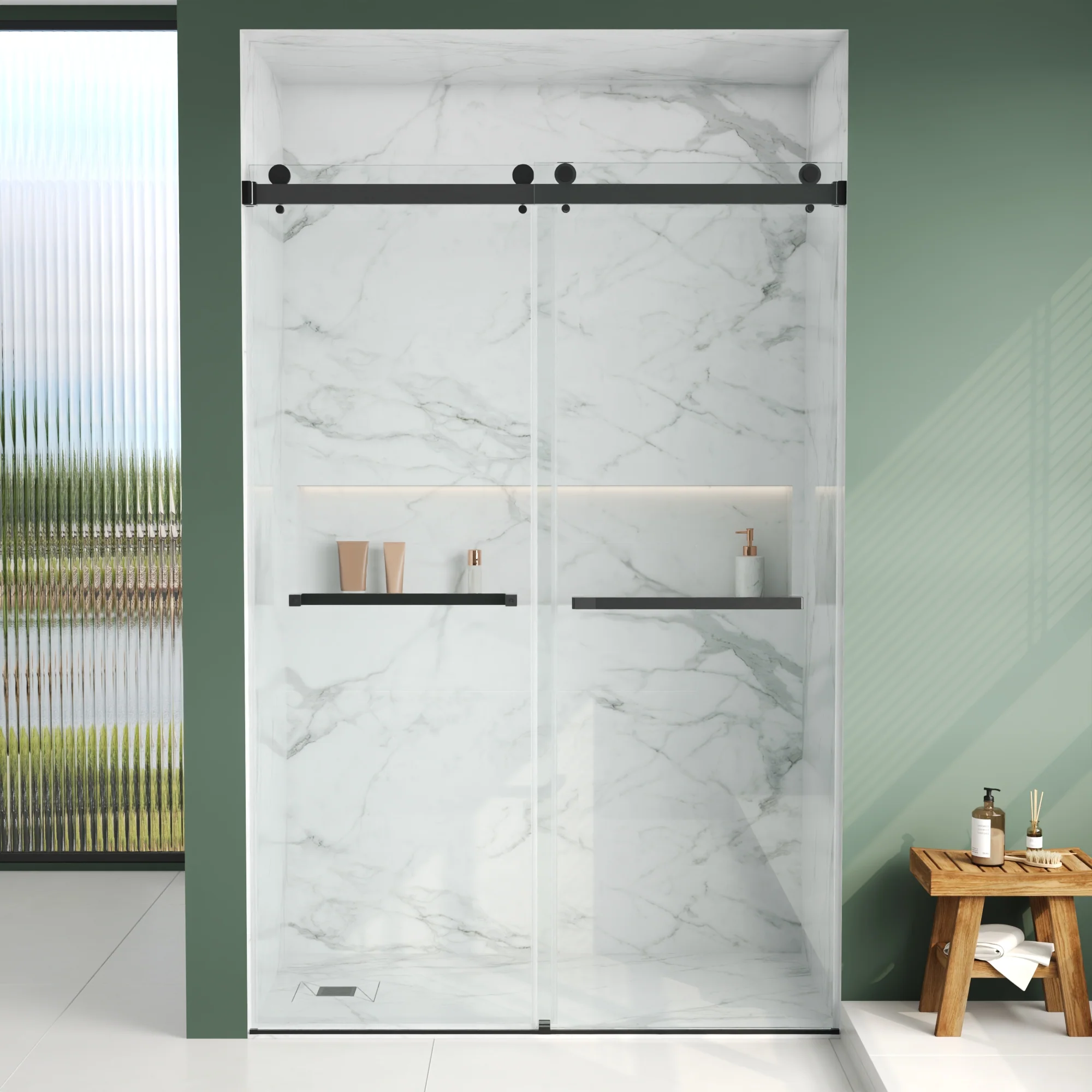 76×48" Frameless Dual-Sliding Shower Door with 5/16" Tempered Glass, 304 Stainless Steel Hardware, Anti-Jump Rollers, Dual Seals, 3-Color Options - Image 3