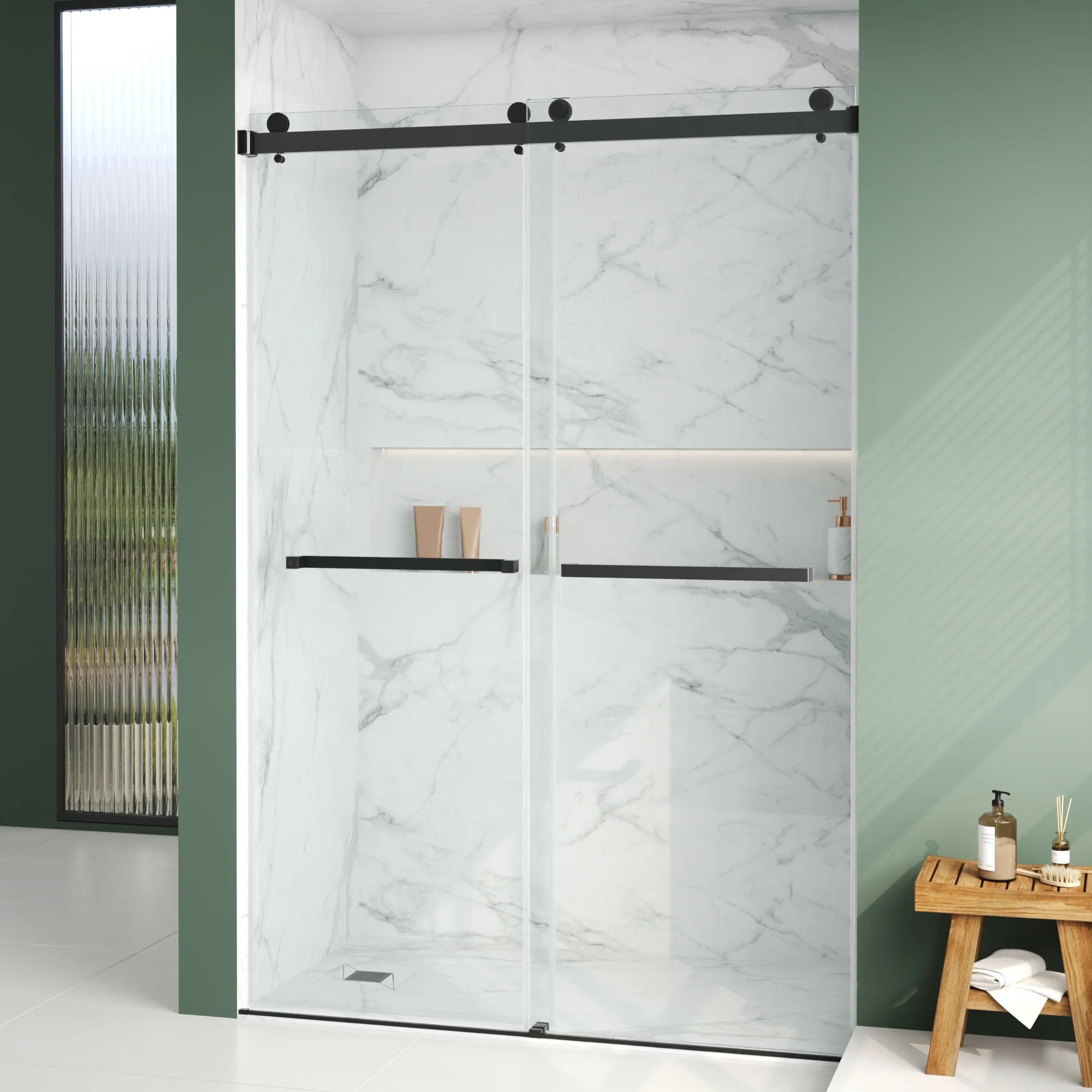 76×48" Frameless Dual-Sliding Shower Door with 5/16" Tempered Glass, 304 Stainless Steel Hardware, Anti-Jump Rollers, Dual Seals, 3-Color Options - Image 4