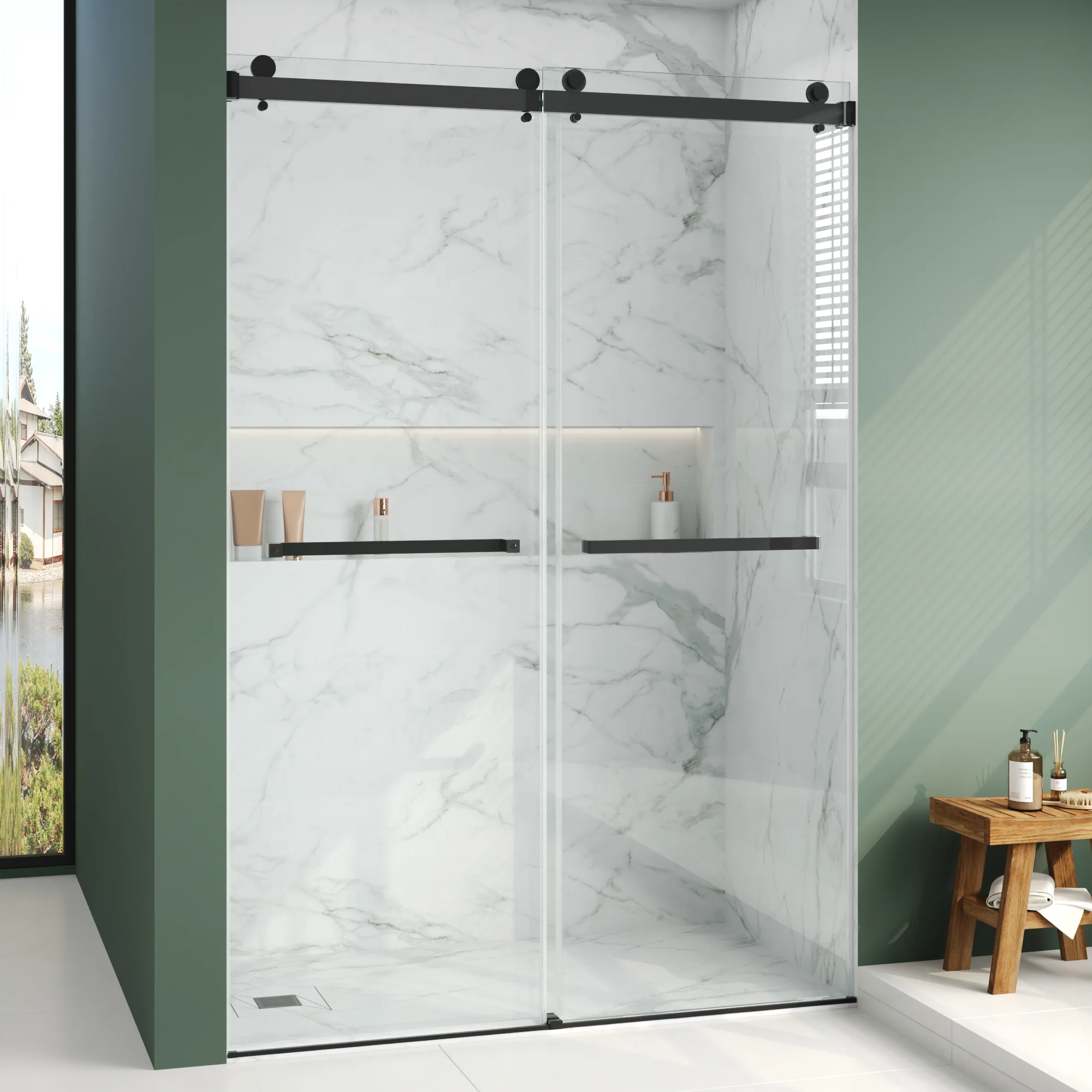 76×48" Frameless Dual-Sliding Shower Door with 5/16" Tempered Glass, 304 Stainless Steel Hardware, Anti-Jump Rollers, Dual Seals, 3-Color Options - Image 5
