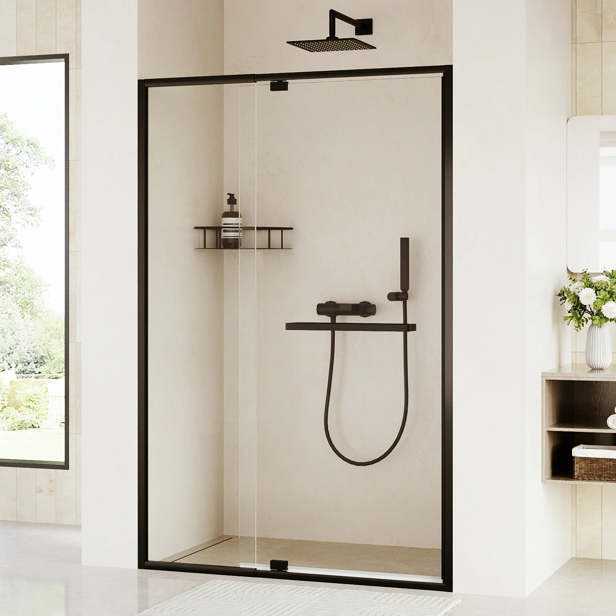 DeerValley DV-1SD0447B08/S08 44–48" W x 72" H Pivot Shower Door, Semi-Frameless Swing Bathroom Shower Door with 5/16" (8mm) Clear SGCC Tempered Glass, Magnetic Closure, Reversible Installation, Matte Black Finish - Image 2
