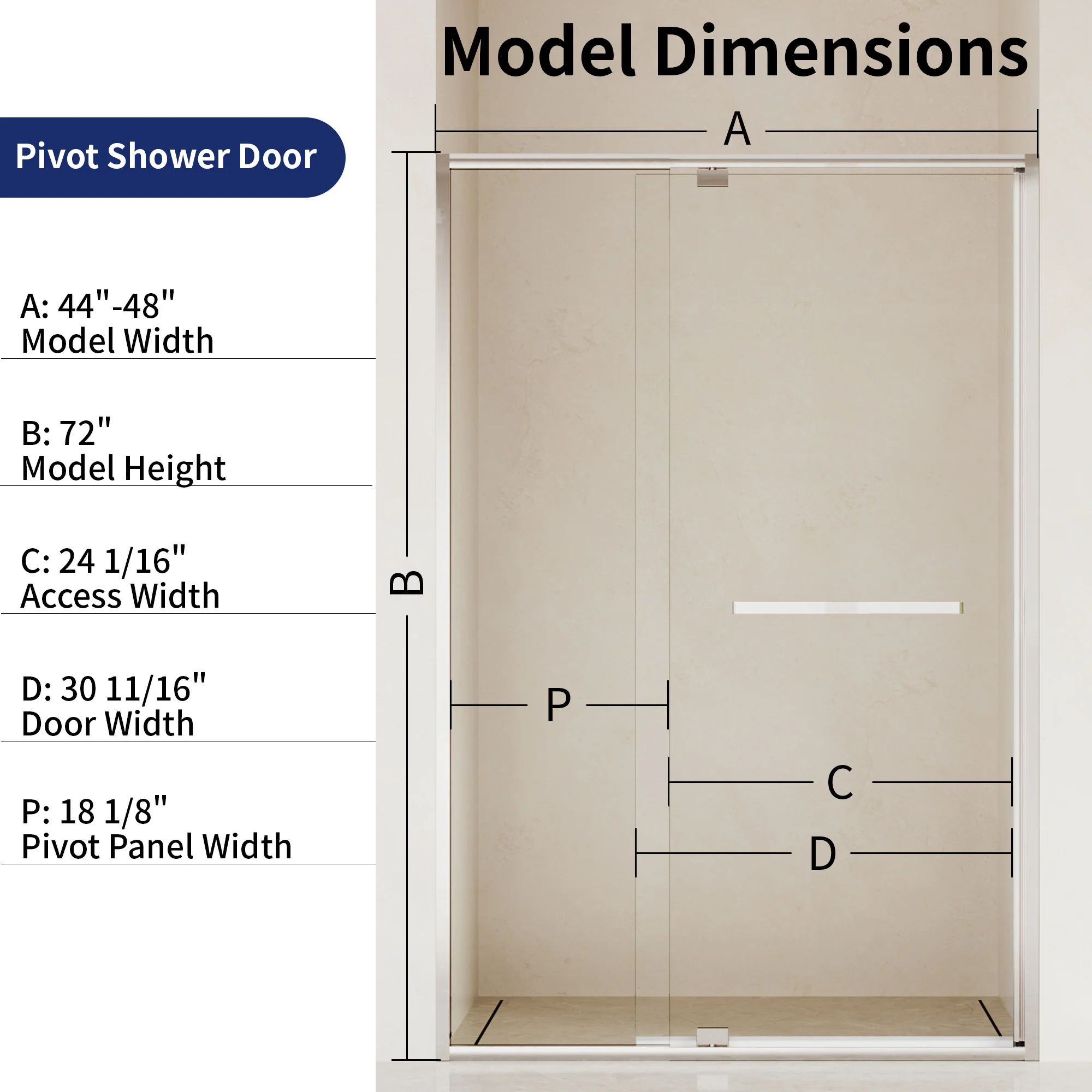 DeerValley DV-1SD0447B08/S08 44–48" W x 72" H Pivot Shower Door, Semi-Frameless Swing Bathroom Shower Door with 5/16" (8mm) Clear SGCC Tempered Glass, Magnetic Closure, Reversible Installation, Matte Black Finish - Image 3