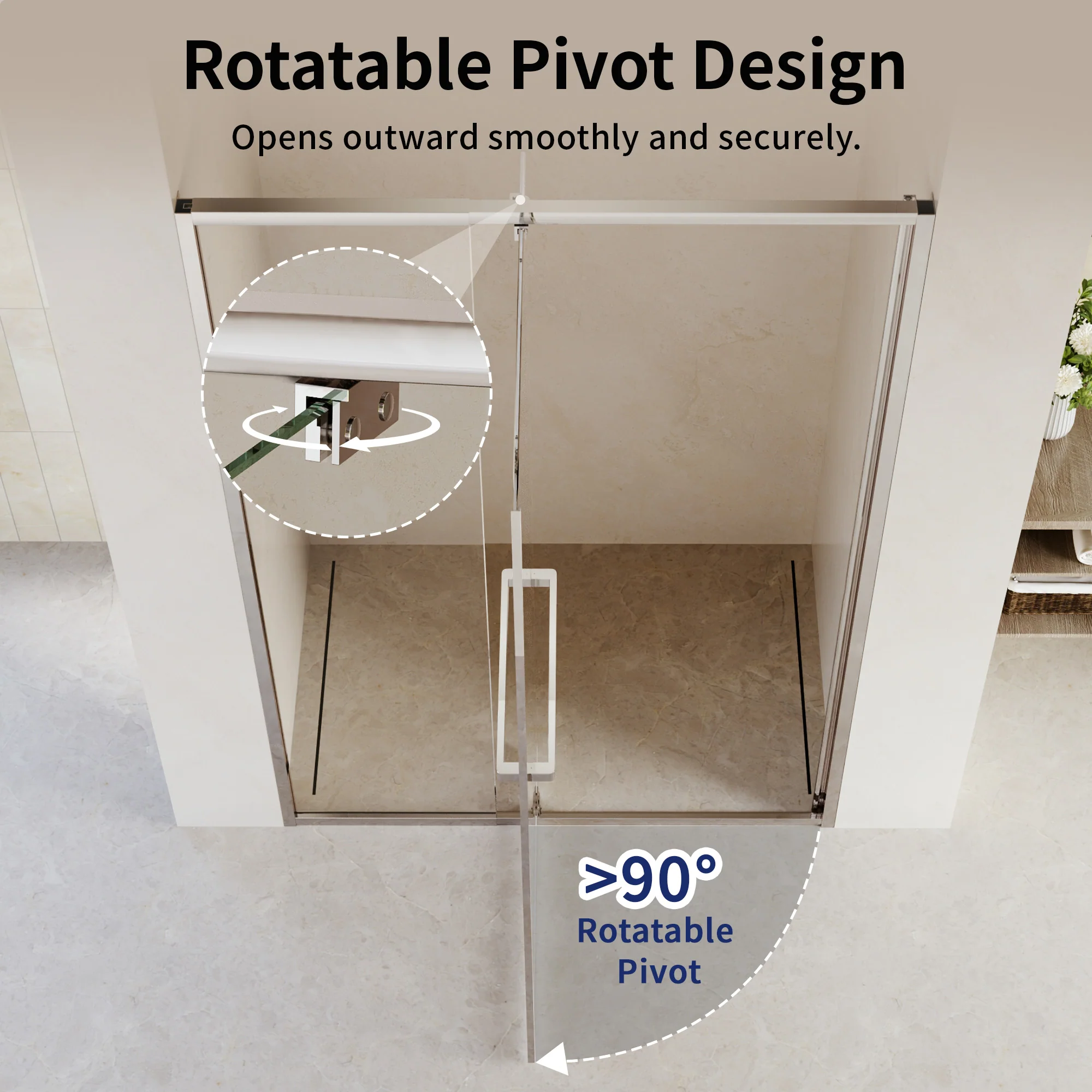 DeerValley DV-1SD0447B08/S08 44–48" W x 72" H Pivot Shower Door, Semi-Frameless Swing Bathroom Shower Door with 5/16" (8mm) Clear SGCC Tempered Glass, Magnetic Closure, Reversible Installation, Matte Black Finish - Image 5