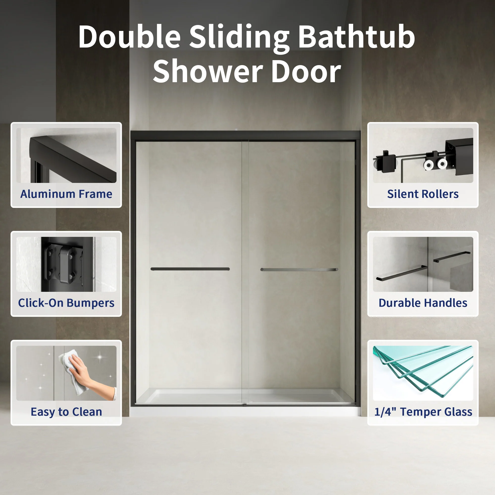 DeerValley 56–60" W x 72" H Double Sliding Shower Door for Walk-In Showers, Framed Bypass Door with Easy-Clean 1/4" (6mm) Tempered Glass, Durable Aluminum Frame, Matte Black - Image 15