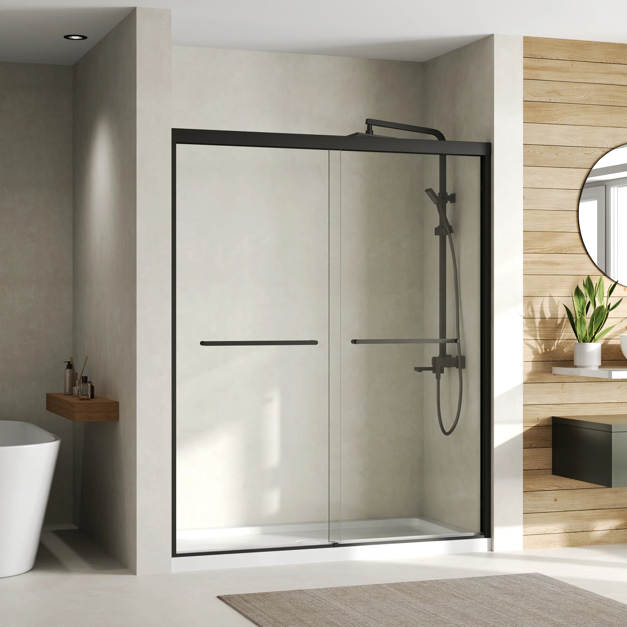 DeerValley 56–60" W x 72" H Double Sliding Shower Door for Walk-In Showers, Framed Bypass Door with Easy-Clean 1/4" (6mm) Tempered Glass, Durable Aluminum Frame, Matte Black - Image 2
