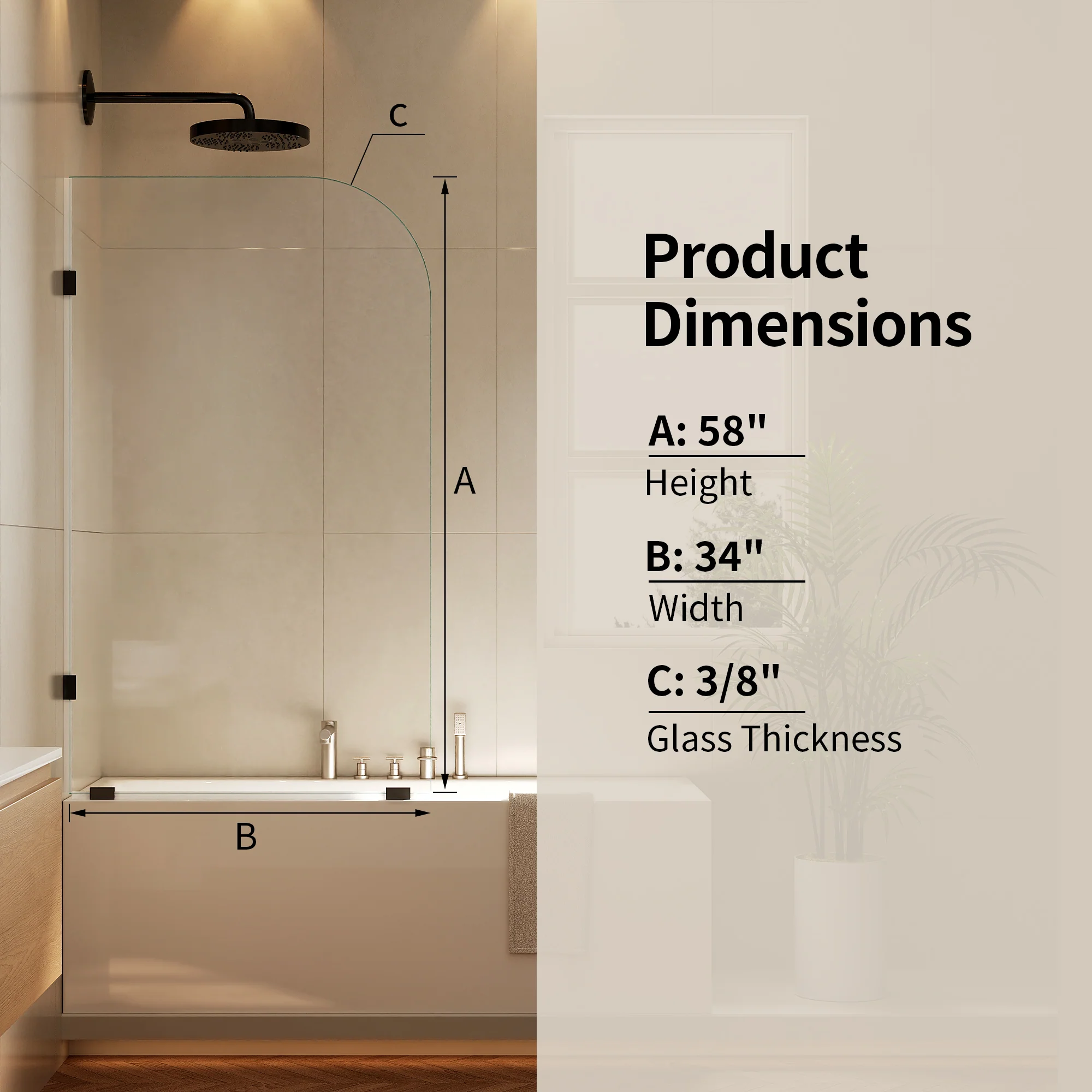 DeerValley 34" W x 58" H Frameless Bathtub Shower Door, Single Fixed Bath Panel with Clamps, 3/8" Tempered Glass Bathroom Shower Screen - Image 2