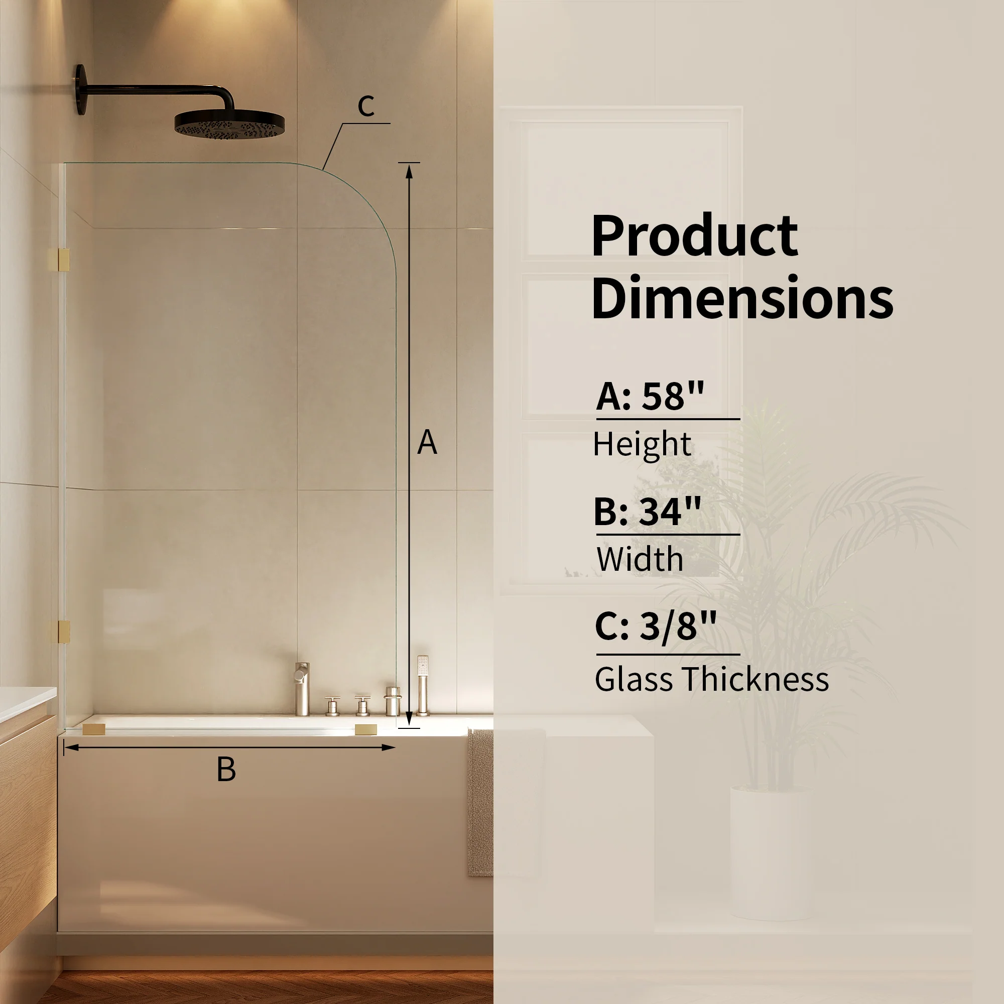 DeerValley 34" W x 58" H Frameless Bathtub Shower Door, Single Fixed Bath Panel with Clamps, 3/8" Tempered Glass Bathroom Shower Screen - Image 3