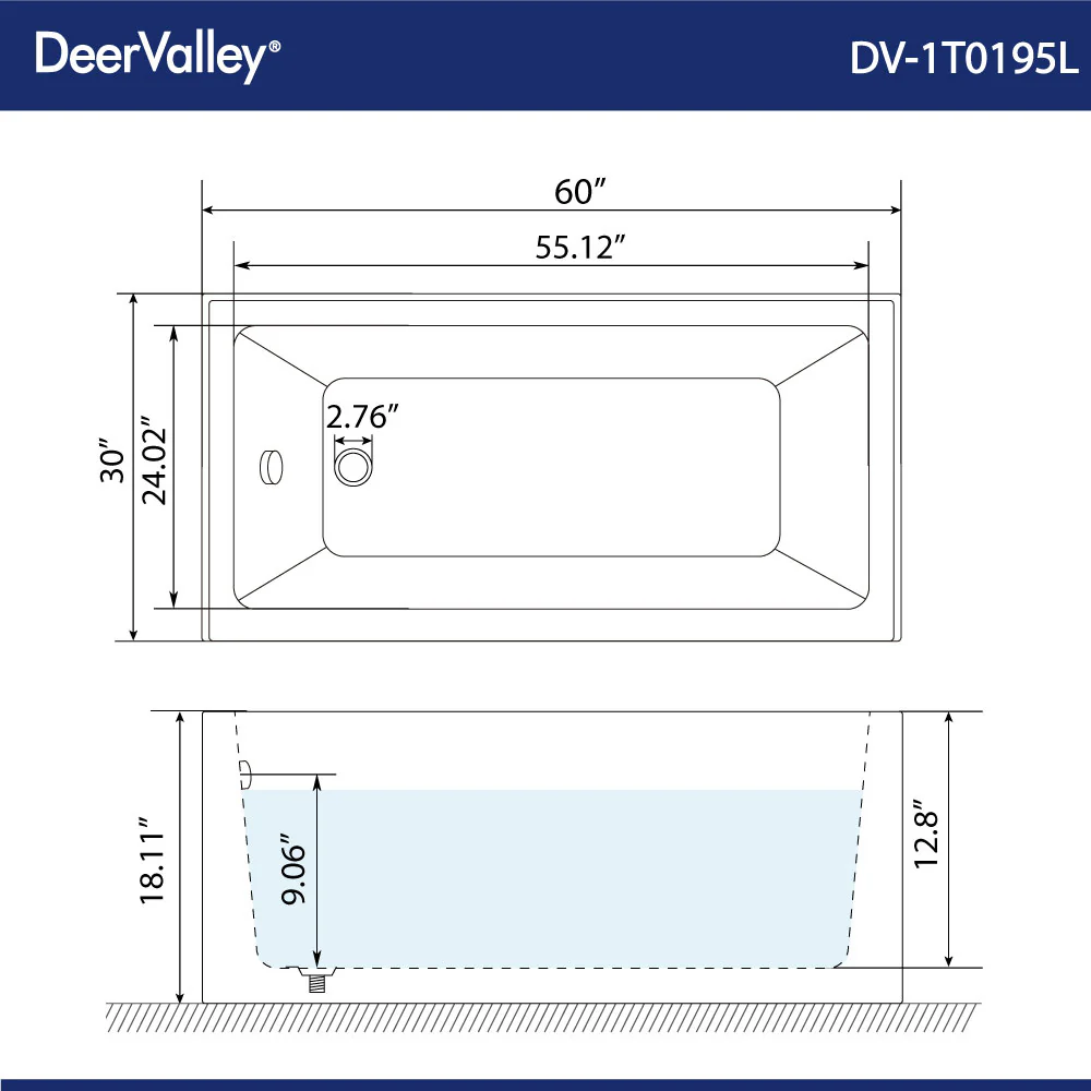 Liberty DeerValley Acrylic Drop In Bathtub,Alcove Bath with Integral Apron,Bathtubs & Soaking Tub with Left Hand Drain (60"x30") White - Image 3