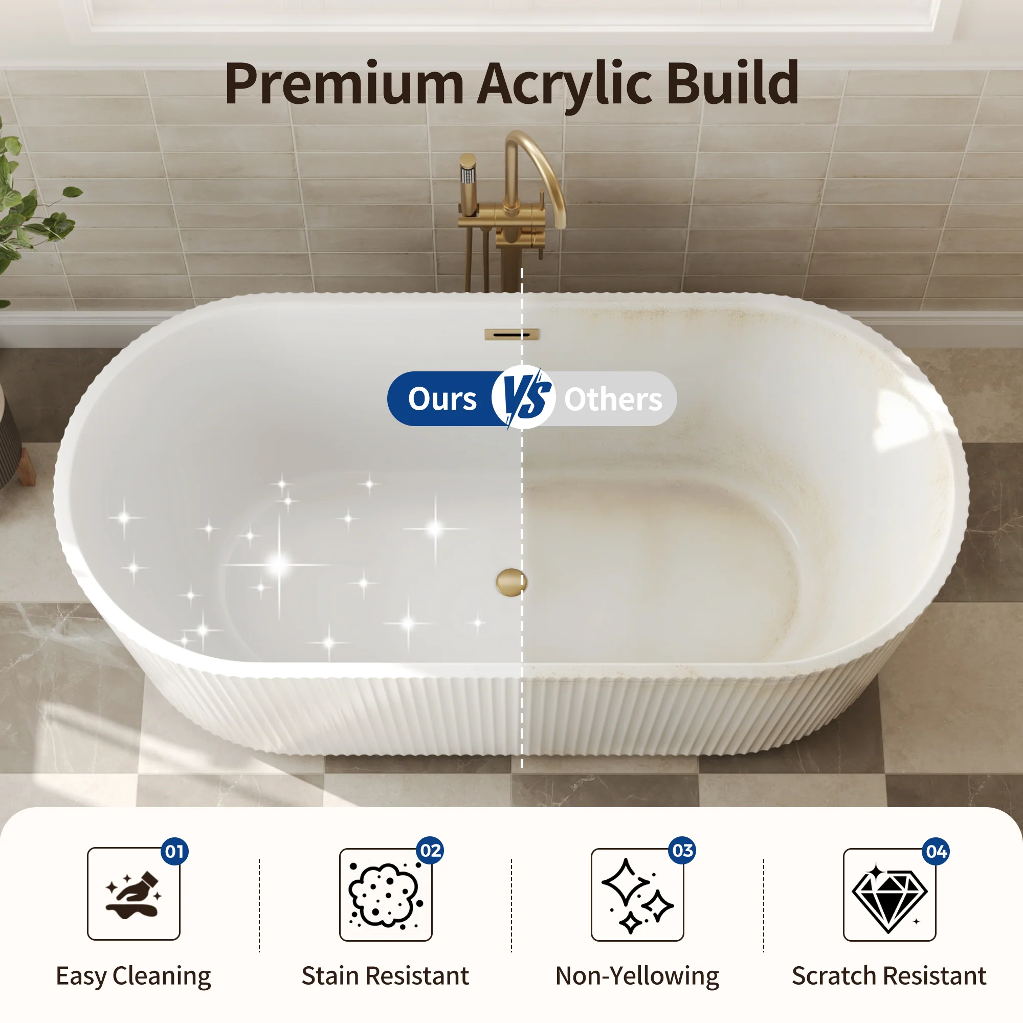 DeerValley DV-1T0582/DV-1T0583 55"/66" Acrylic Freestanding Bathtub, Deep Soaking Tub with Center Drain & Integrated Overflow, Modern White Standalone Shower Tub Ergonomic Design - Image 13