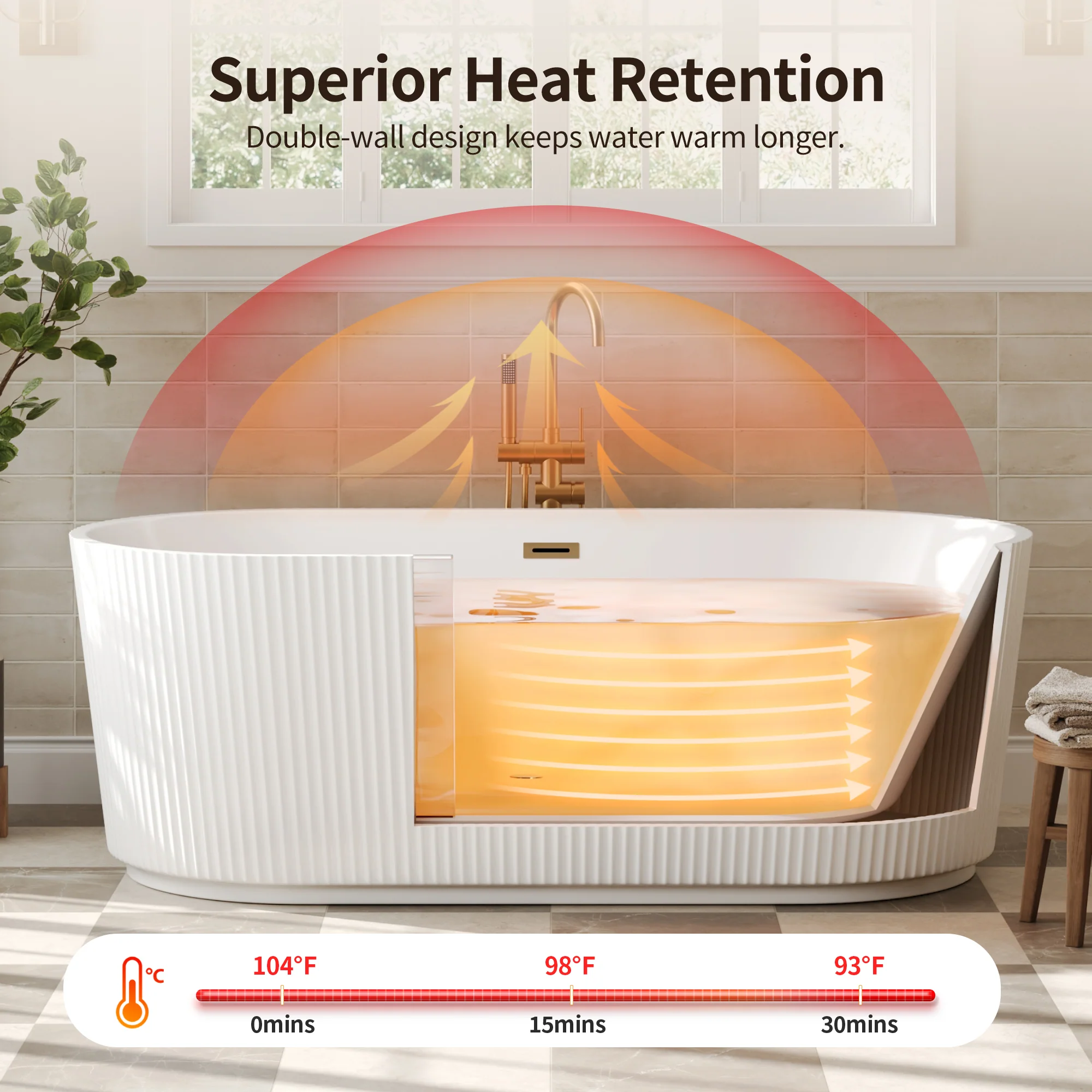 DeerValley DV-1T0582/DV-1T0583 55"/66" Acrylic Freestanding Bathtub, Deep Soaking Tub with Center Drain & Integrated Overflow, Modern White Standalone Shower Tub Ergonomic Design - Image 14