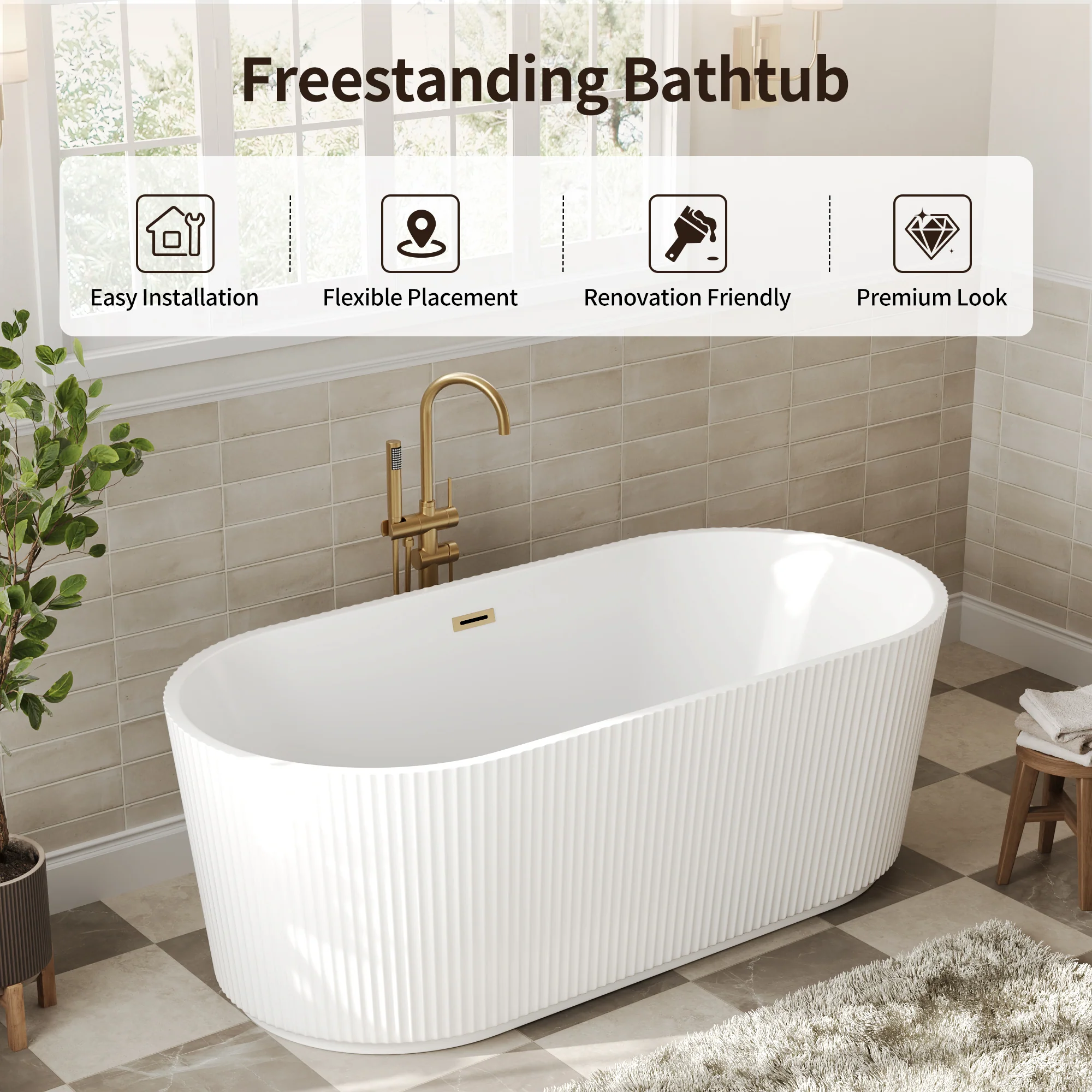 DeerValley DV-1T0582/DV-1T0583 55"/66" Acrylic Freestanding Bathtub, Deep Soaking Tub with Center Drain & Integrated Overflow, Modern White Standalone Shower Tub Ergonomic Design - Image 15