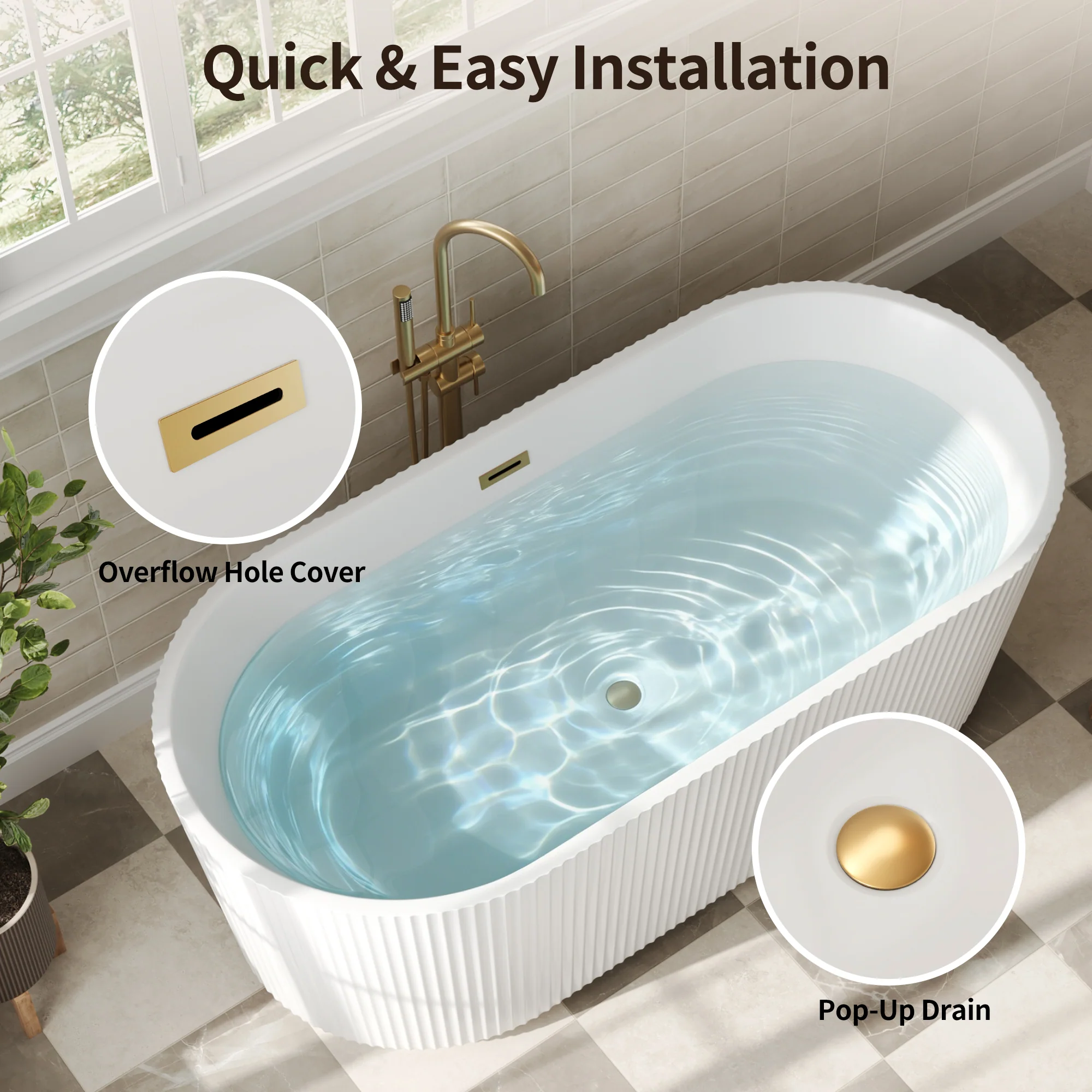 DeerValley DV-1T0582/DV-1T0583 55"/66" Acrylic Freestanding Bathtub, Deep Soaking Tub with Center Drain & Integrated Overflow, Modern White Standalone Shower Tub Ergonomic Design - Image 16