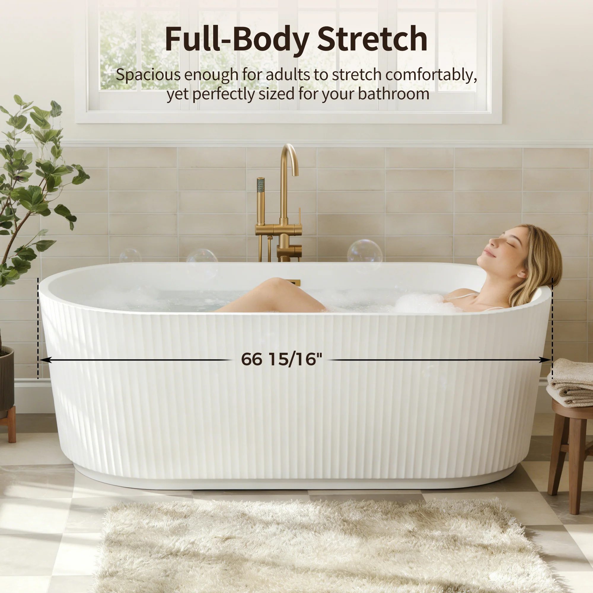 DeerValley DV-1T0582/DV-1T0583 55"/66" Acrylic Freestanding Bathtub, Deep Soaking Tub with Center Drain & Integrated Overflow, Modern White Standalone Shower Tub Ergonomic Design - Image 17