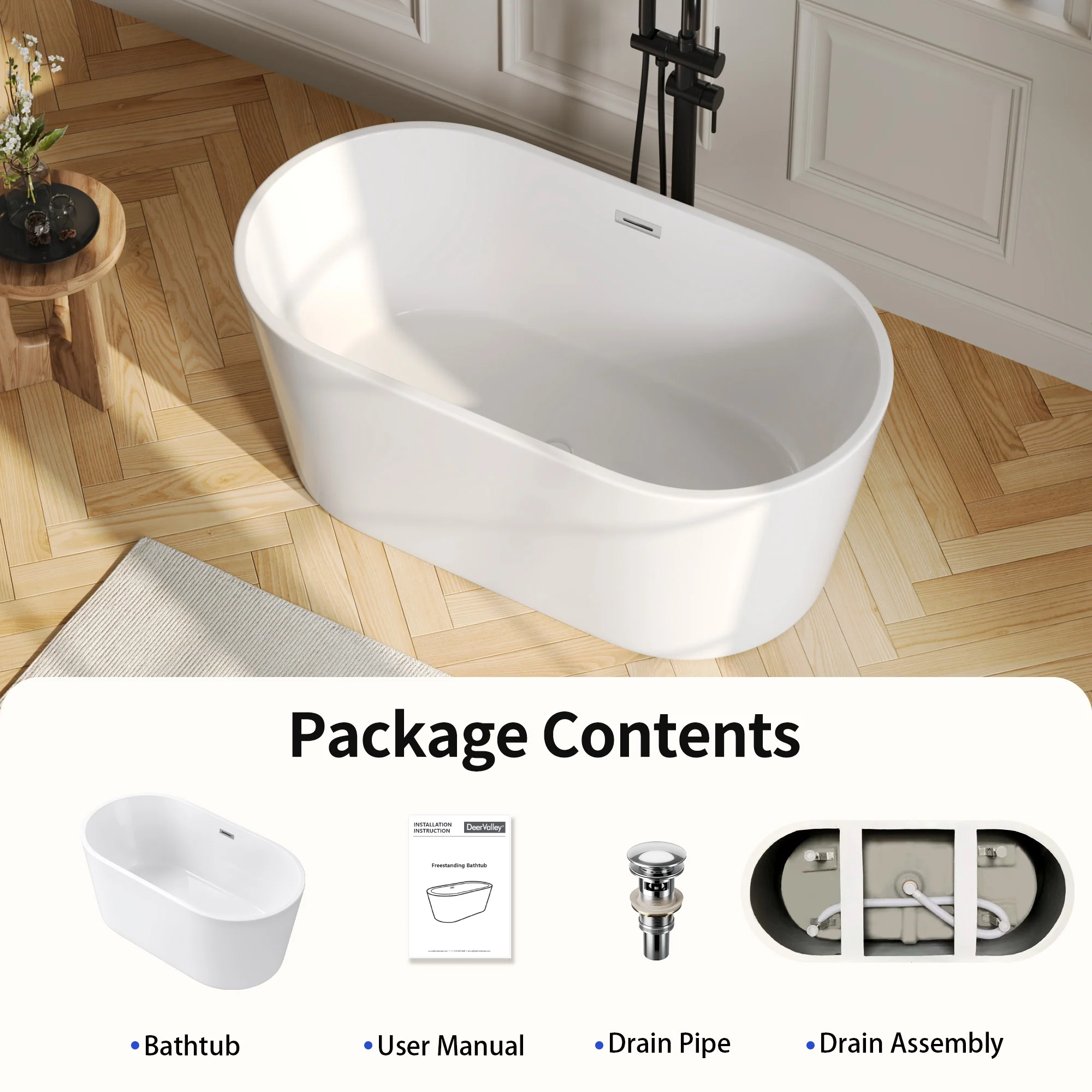 DeerValley DV-1T0582/DV-1T0583 55"/66" Acrylic Freestanding Bathtub, Deep Soaking Tub with Center Drain & Integrated Overflow, Modern White Standalone Shower Tub Ergonomic Design - Image 2
