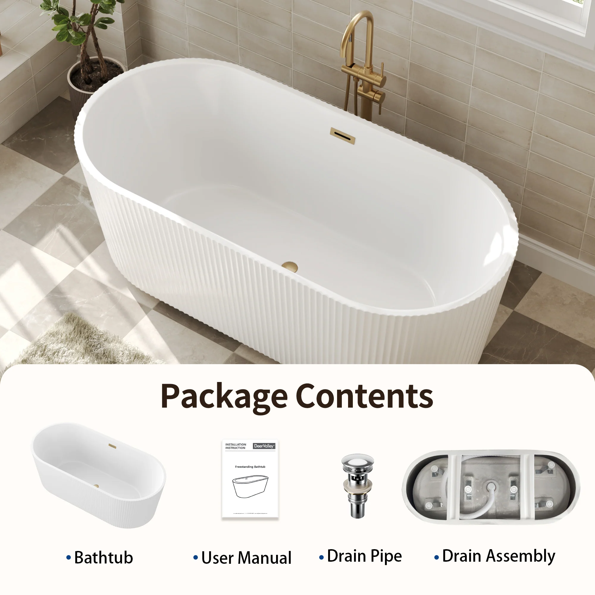DeerValley DV-1T0582/DV-1T0583 55"/66" Acrylic Freestanding Bathtub, Deep Soaking Tub with Center Drain & Integrated Overflow, Modern White Standalone Shower Tub Ergonomic Design - Image 20
