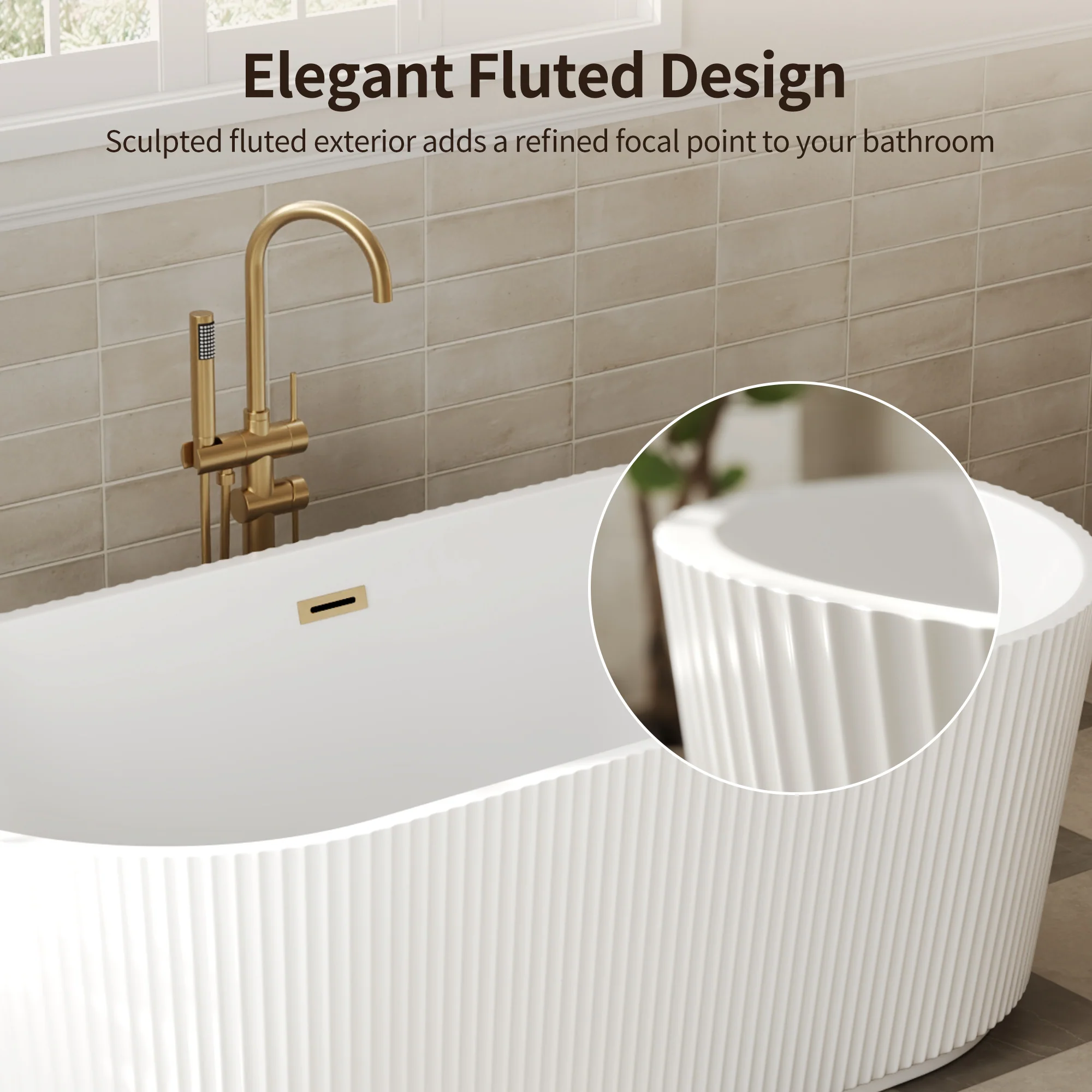 DeerValley DV-1T0582/DV-1T0583 55"/66" Acrylic Freestanding Bathtub, Deep Soaking Tub with Center Drain & Integrated Overflow, Modern White Standalone Shower Tub Ergonomic Design - Image 21