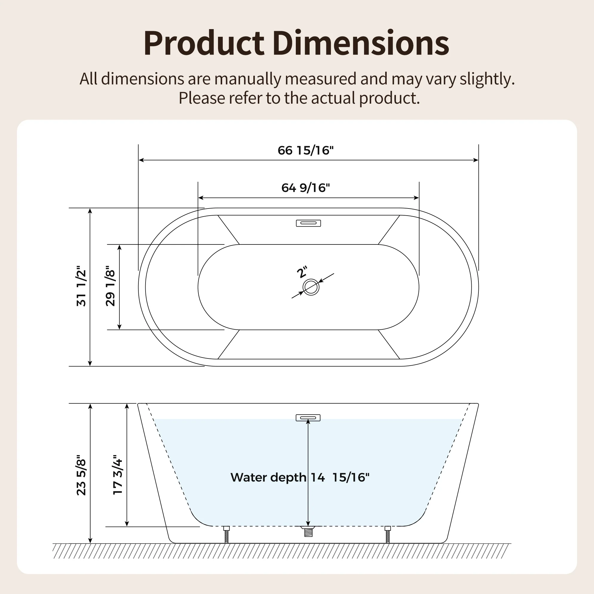 DeerValley DV-1T0582/DV-1T0583 55"/66" Acrylic Freestanding Bathtub, Deep Soaking Tub with Center Drain & Integrated Overflow, Modern White Standalone Shower Tub Ergonomic Design - Image 23