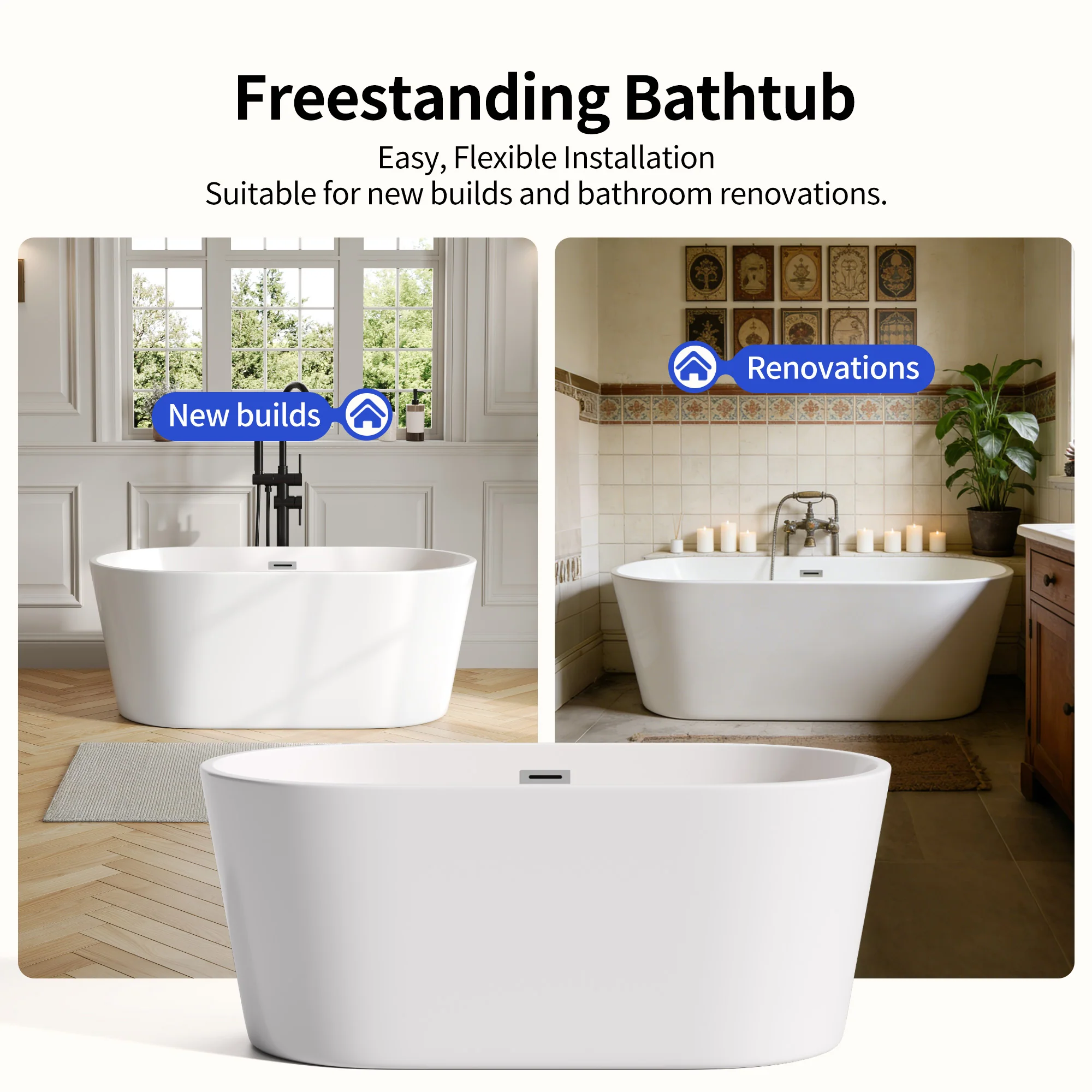 DeerValley DV-1T0582/DV-1T0583 55"/66" Acrylic Freestanding Bathtub, Deep Soaking Tub with Center Drain & Integrated Overflow, Modern White Standalone Shower Tub Ergonomic Design - Image 3
