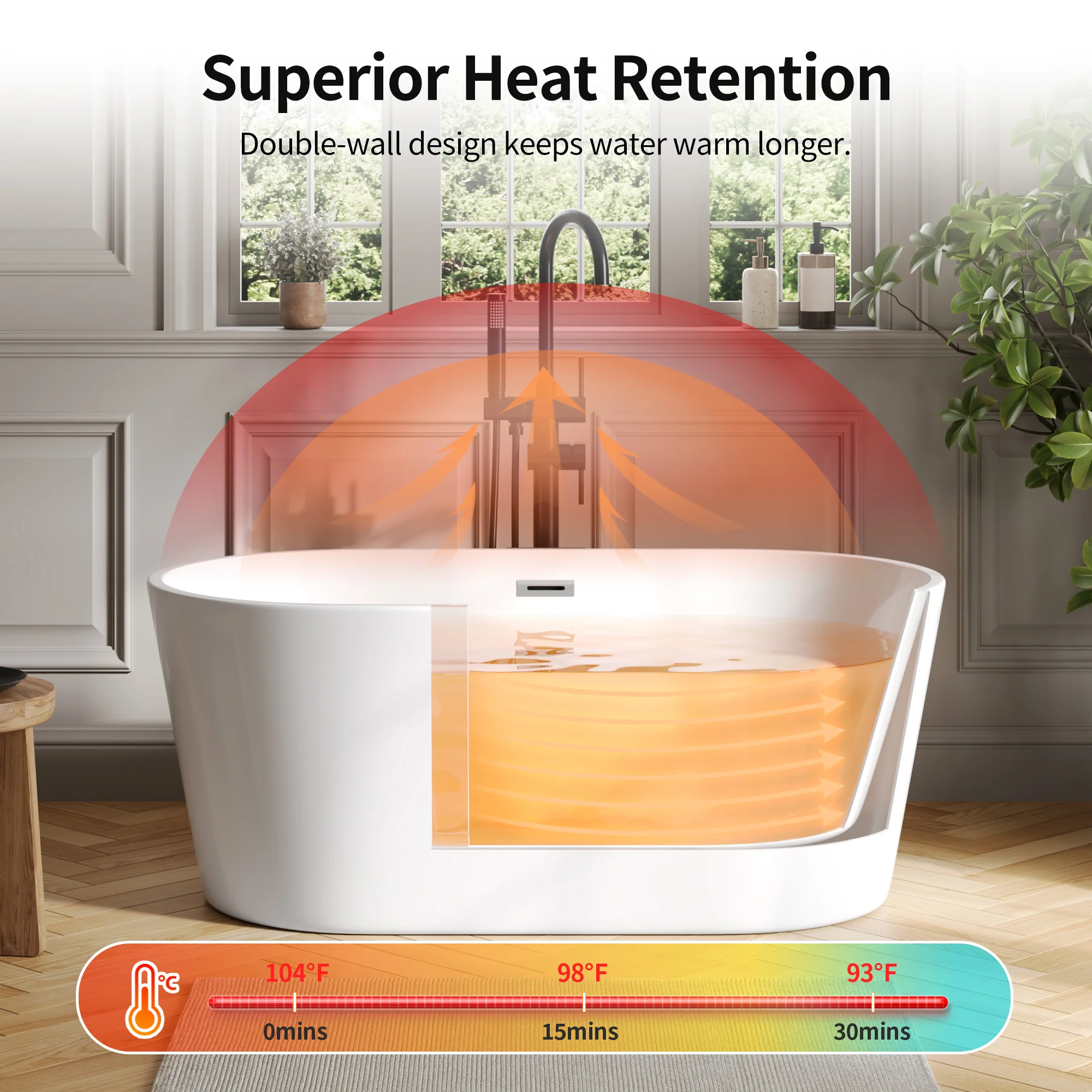 DeerValley DV-1T0582/DV-1T0583 55"/66" Acrylic Freestanding Bathtub, Deep Soaking Tub with Center Drain & Integrated Overflow, Modern White Standalone Shower Tub Ergonomic Design - Image 4