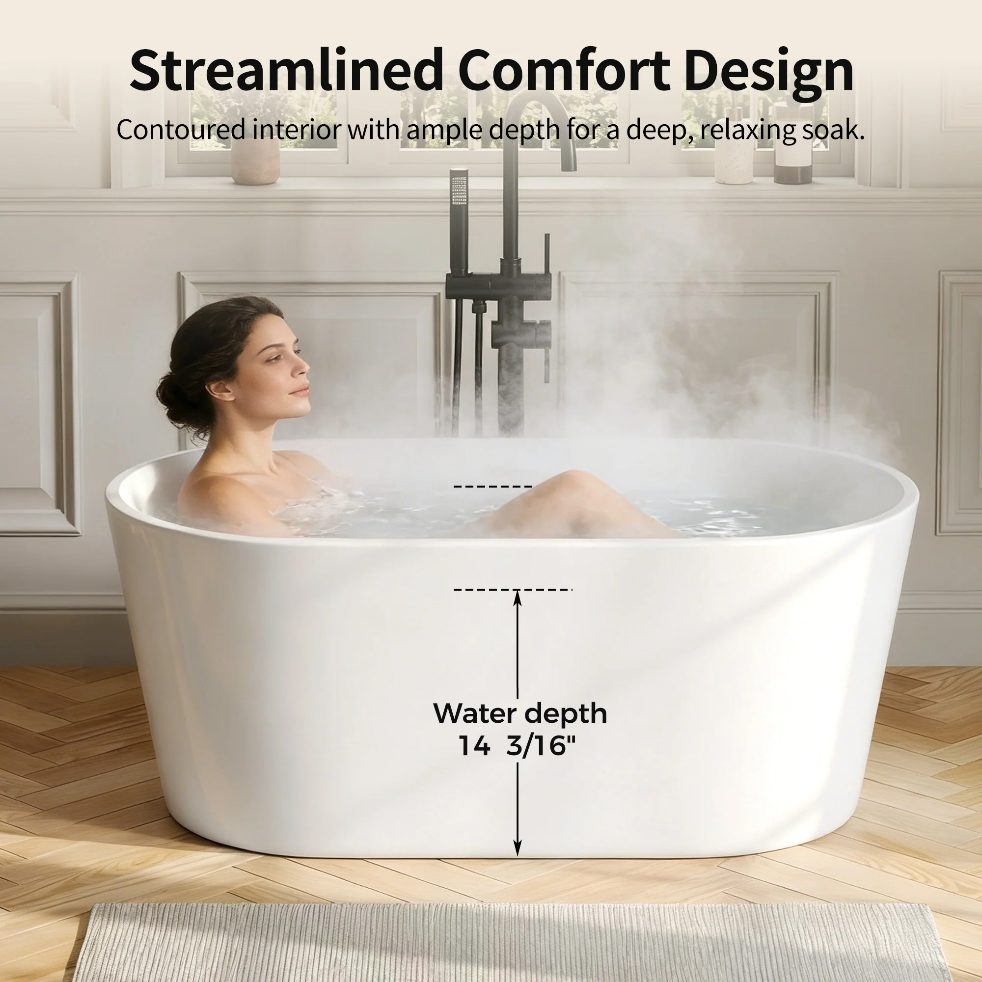 DeerValley DV-1T0582/DV-1T0583 55"/66" Acrylic Freestanding Bathtub, Deep Soaking Tub with Center Drain & Integrated Overflow, Modern White Standalone Shower Tub Ergonomic Design - Image 5
