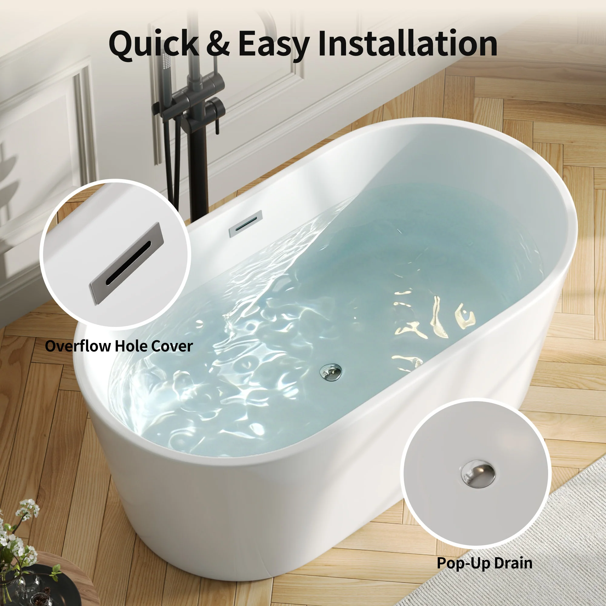 DeerValley DV-1T0582/DV-1T0583 55"/66" Acrylic Freestanding Bathtub, Deep Soaking Tub with Center Drain & Integrated Overflow, Modern White Standalone Shower Tub Ergonomic Design - Image 7