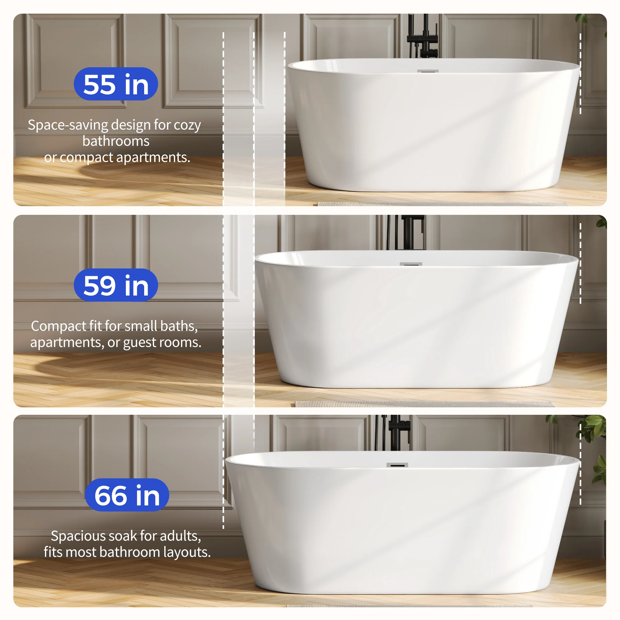 DeerValley DV-1T0582/DV-1T0583 55"/66" Acrylic Freestanding Bathtub, Deep Soaking Tub with Center Drain & Integrated Overflow, Modern White Standalone Shower Tub Ergonomic Design - Image 8