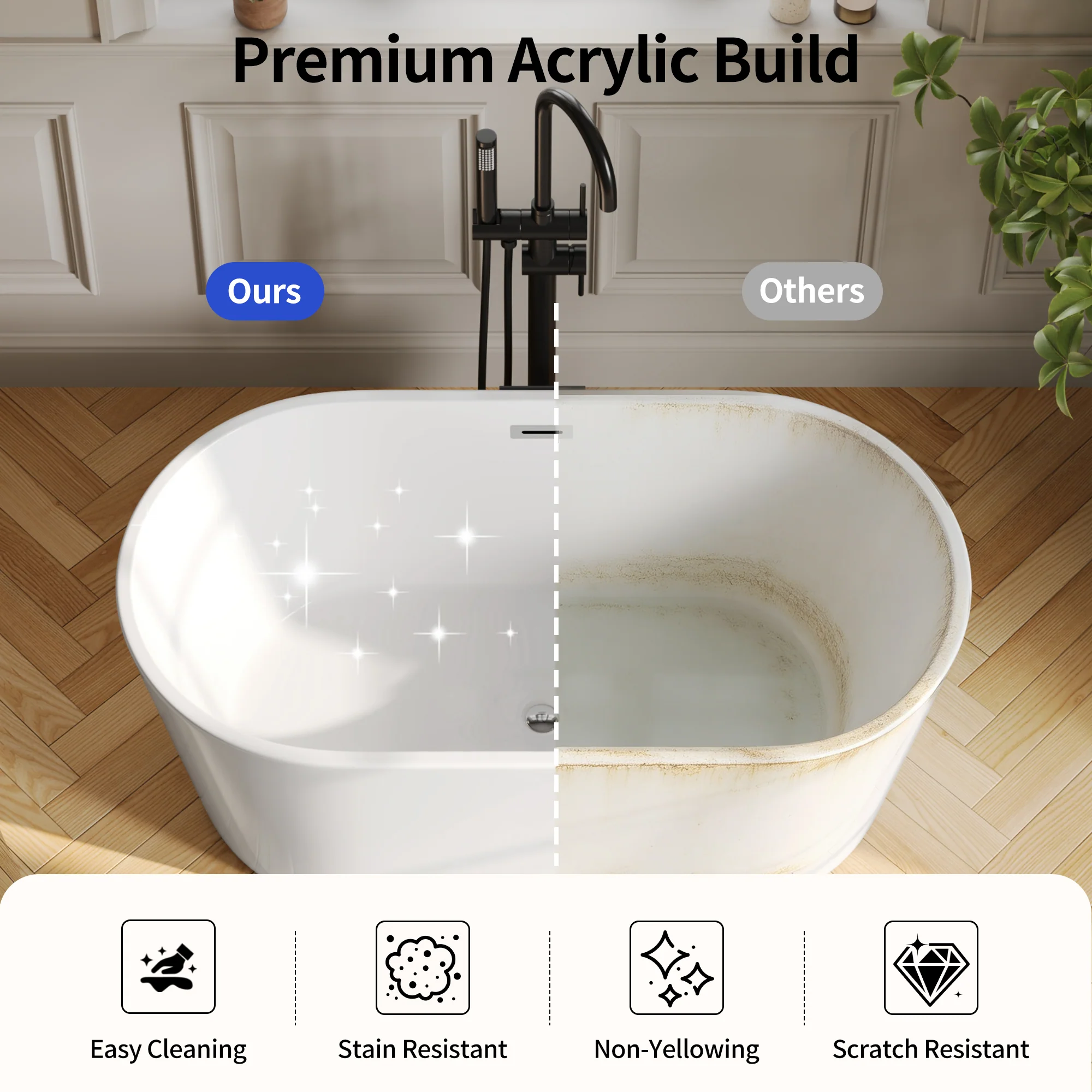 DeerValley DV-1T0582/DV-1T0583 55"/66" Acrylic Freestanding Bathtub, Deep Soaking Tub with Center Drain & Integrated Overflow, Modern White Standalone Shower Tub Ergonomic Design - Image 9