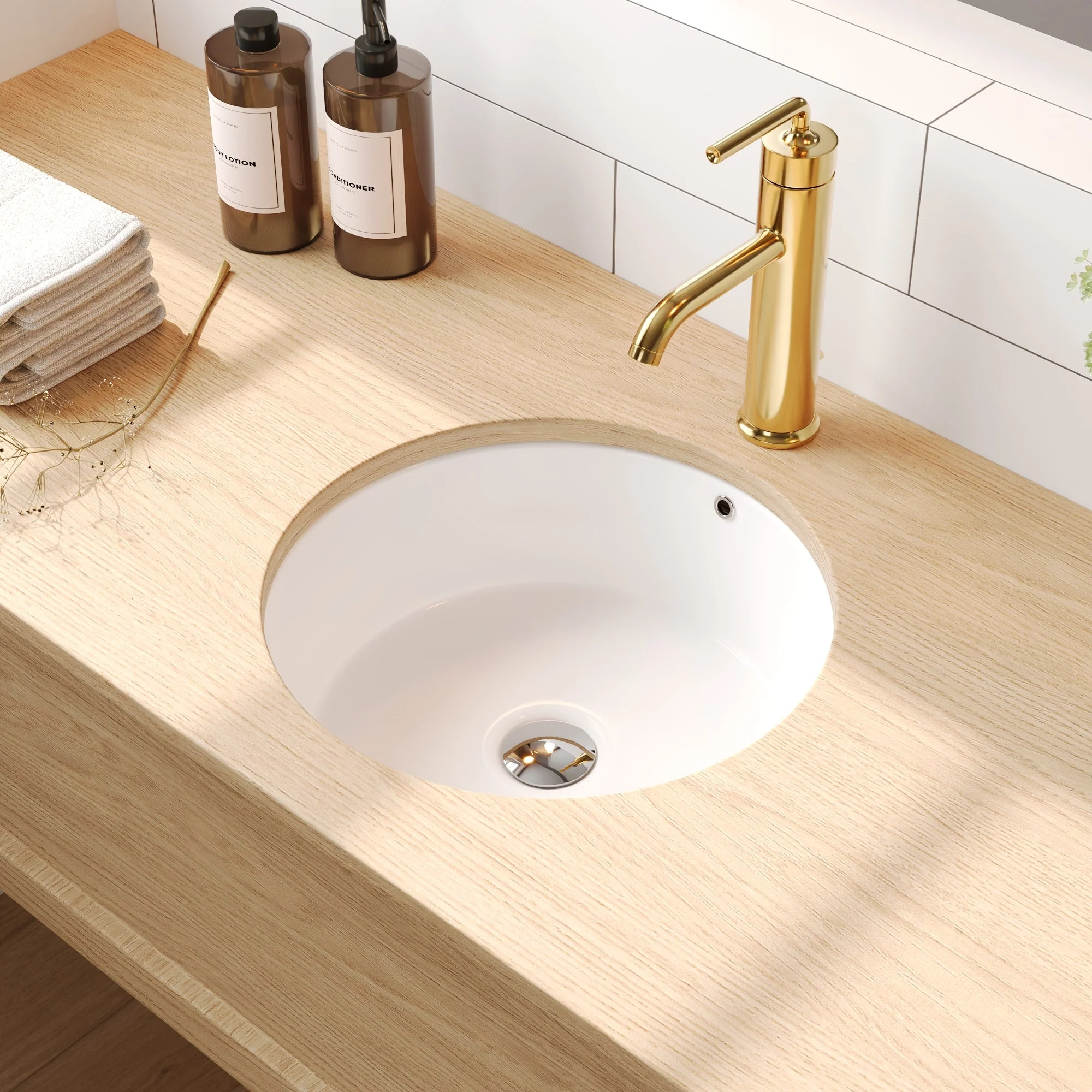 16.14"x15.95"  Round Undermount Bathroom Sink, Overflow Hole - Image 2