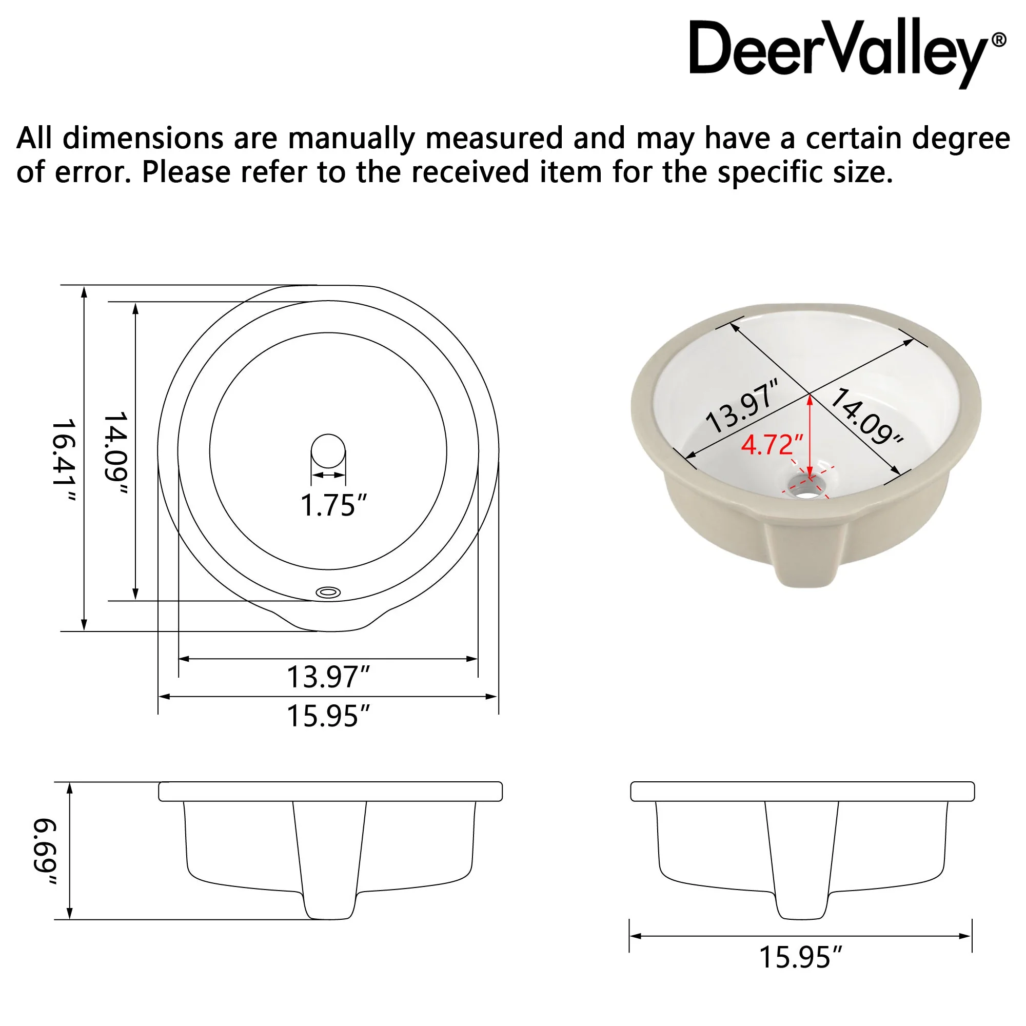 16.14"x15.95"  Round Undermount Bathroom Sink, Overflow Hole - Image 4