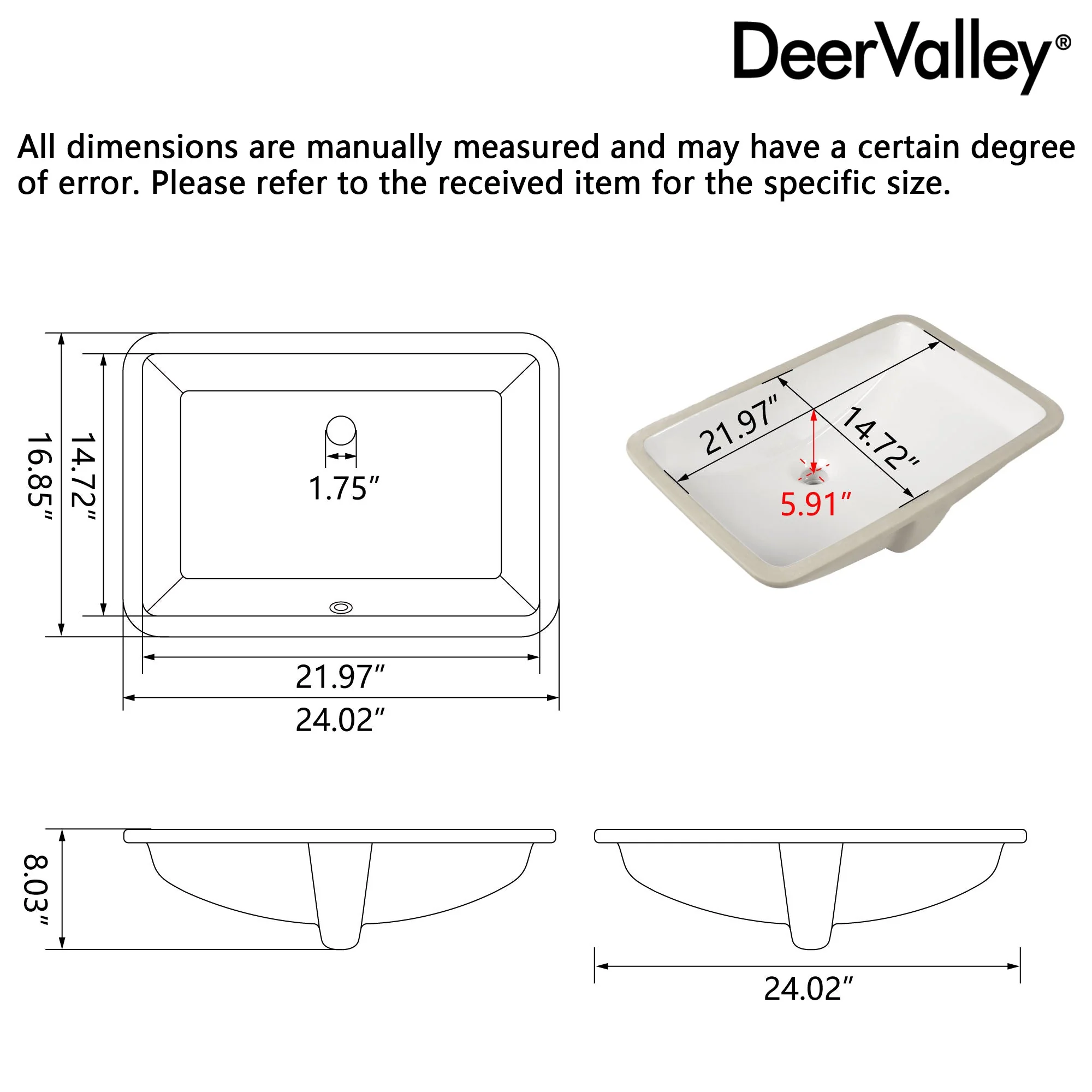 DeerValley DV-1U0208 Undermount Bathroom Sinks, Modern Rectangular Ceramic, Overflow & Standard Drain - Image 10