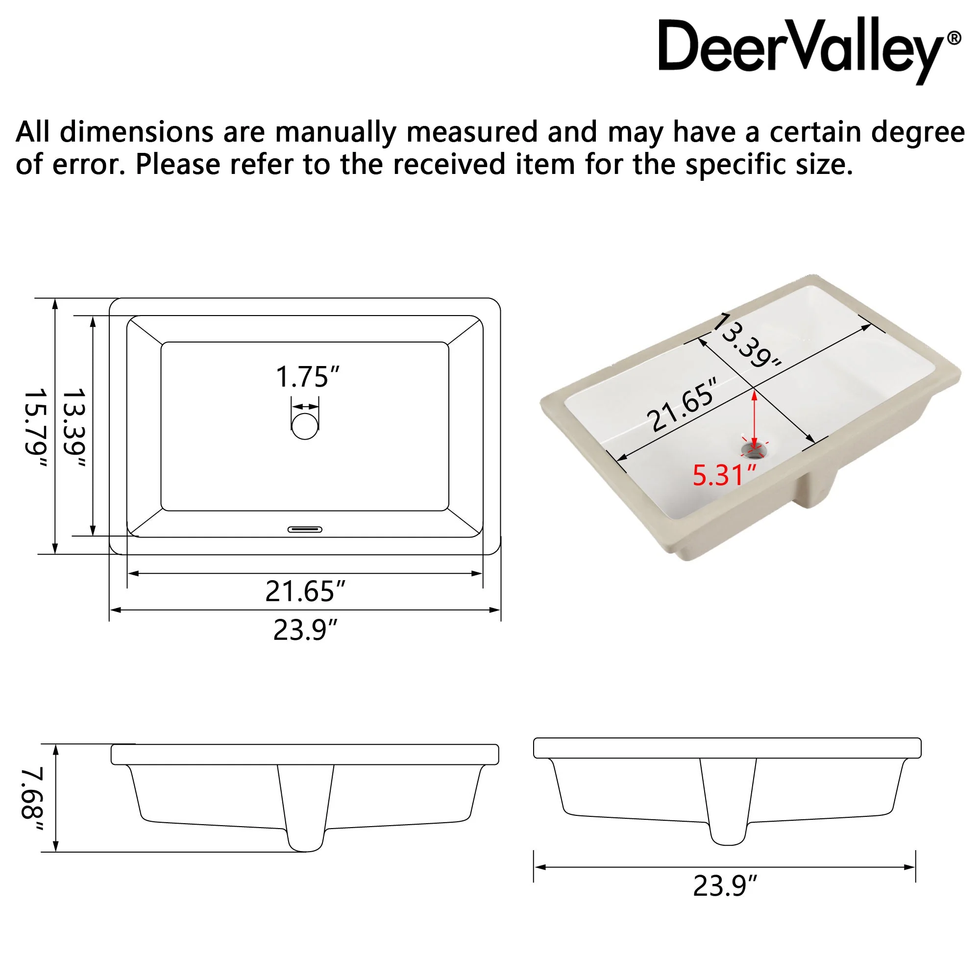 DeerValley DV-1U0209 Undermount Bathroom Sinks, Euro-Arc Glazed Ceramic, Stain-Resist & Flat Overflow - Image 7