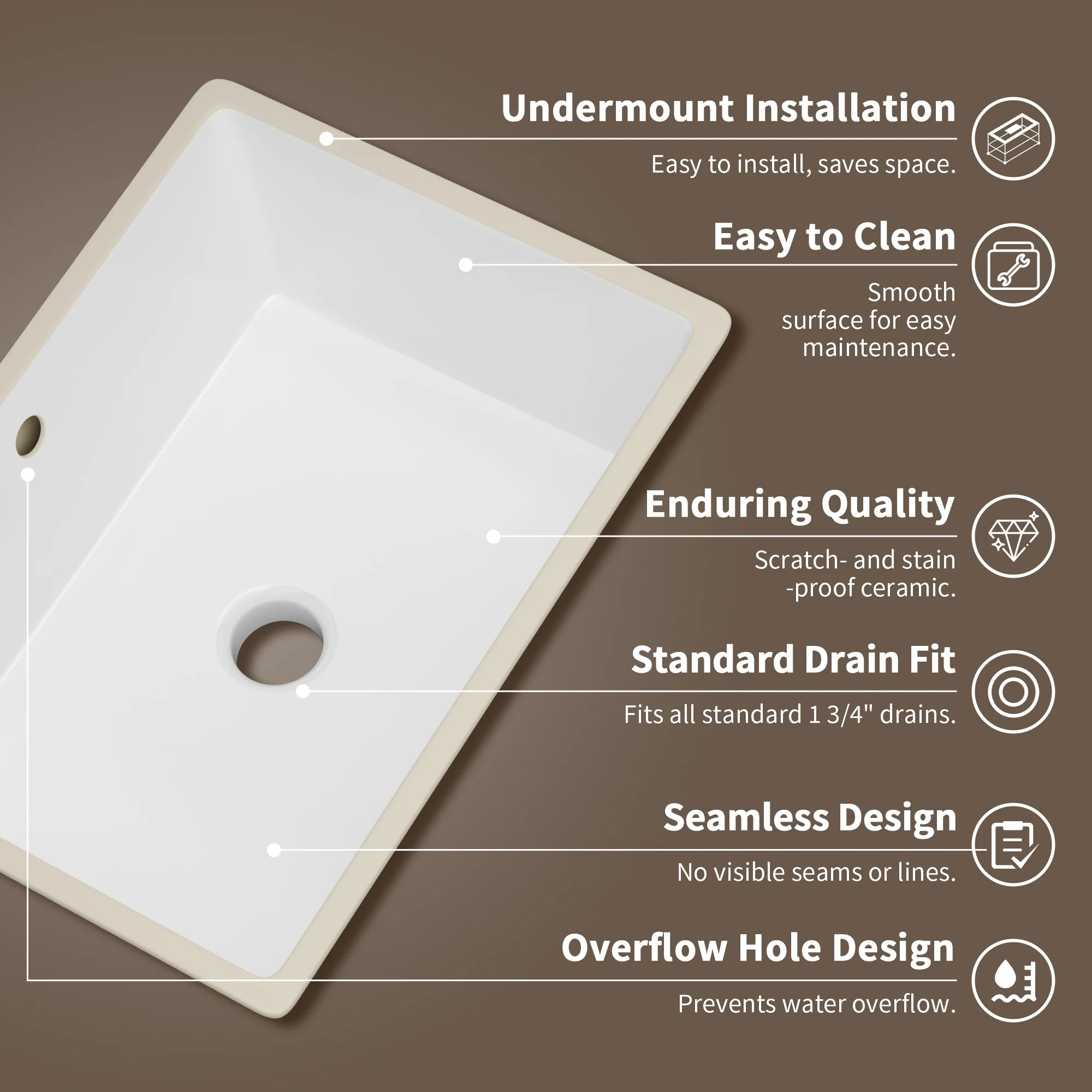 DeerValley DV-1U0477 18 x 13.5 Inch Undermount Bathroom Sink, White Ceramic Under Counter Bathroom Sinks, Modern Lavatory Vanity Bath Wash Bowl Basin with Overflow - Image 10