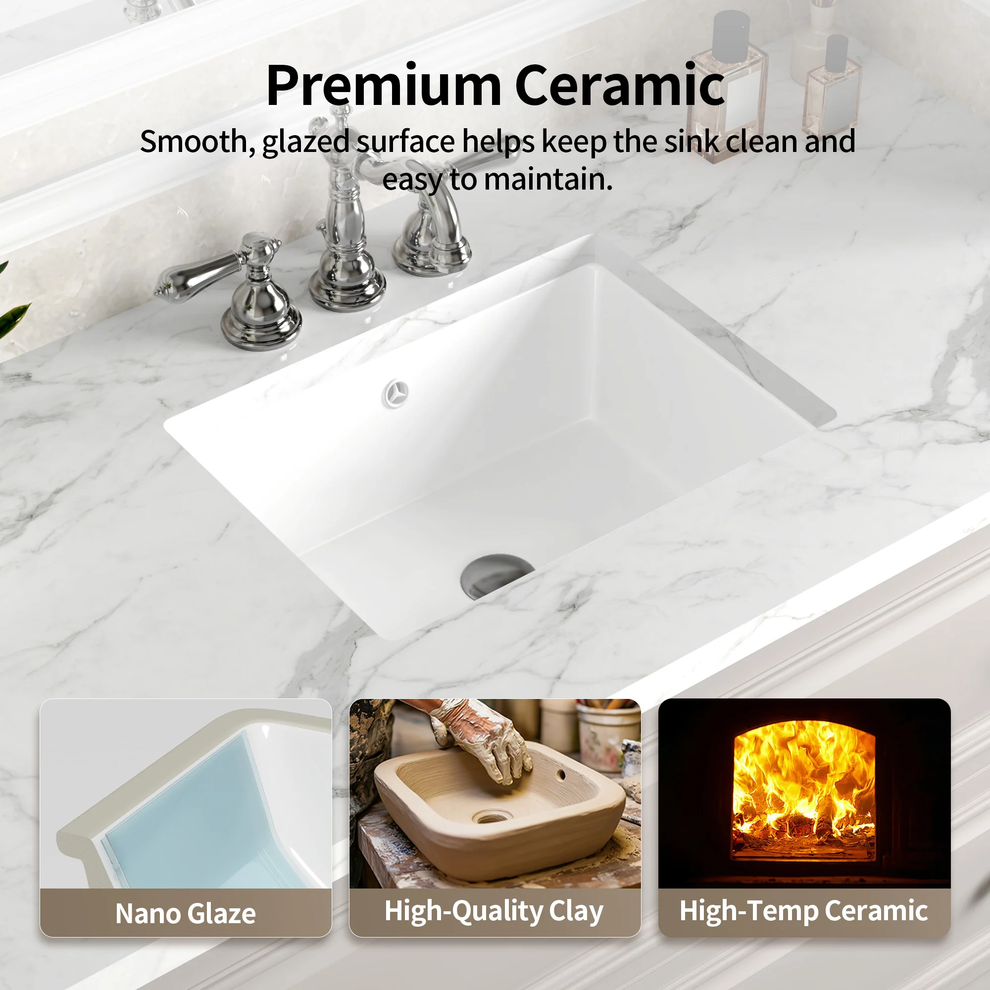 DeerValley DV-1U0477 18 x 13.5 Inch Undermount Bathroom Sink, White Ceramic Under Counter Bathroom Sinks, Modern Lavatory Vanity Bath Wash Bowl Basin with Overflow - Image 8