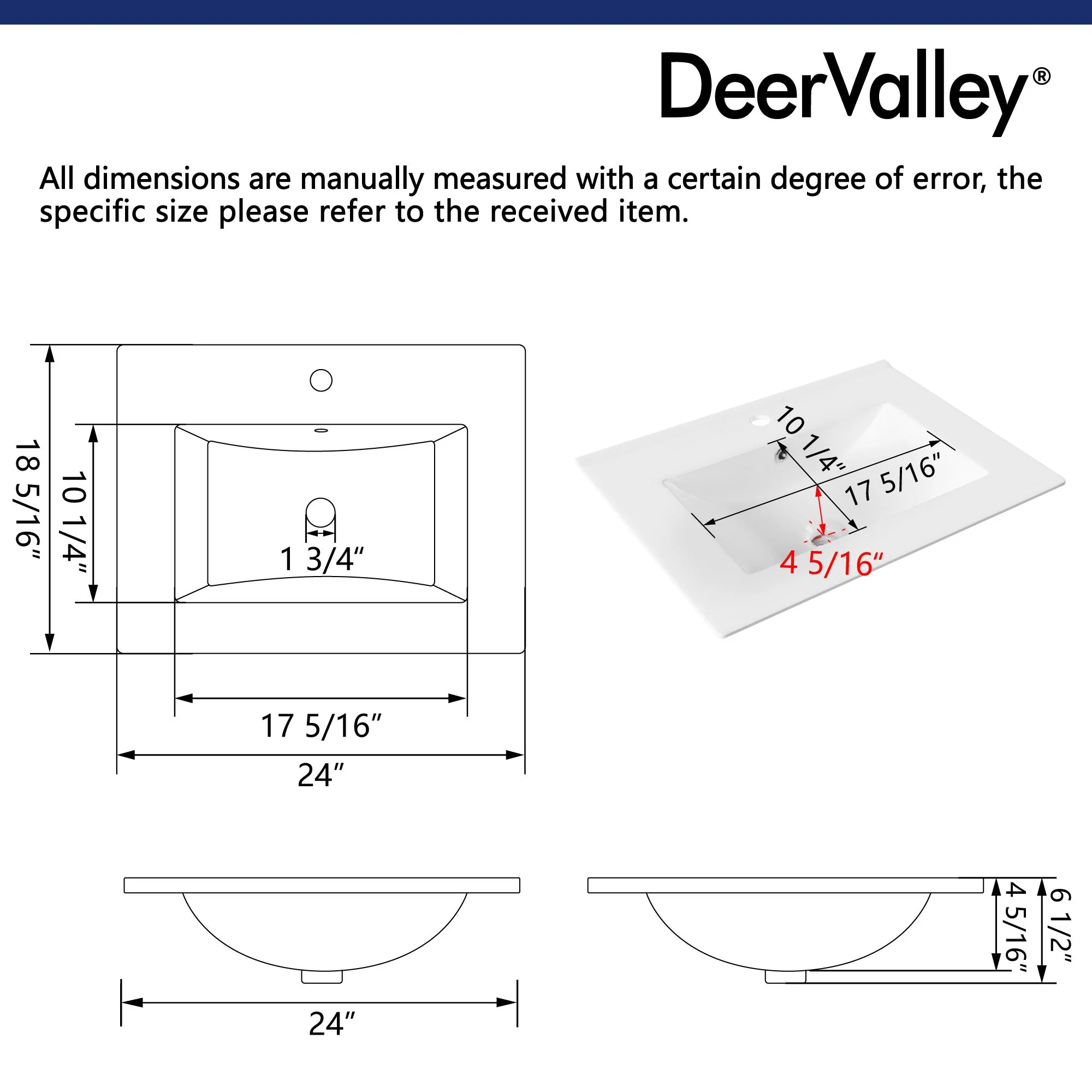 24" Rectangular Vanity Top Sink, Single Faucet Hole - Image 8
