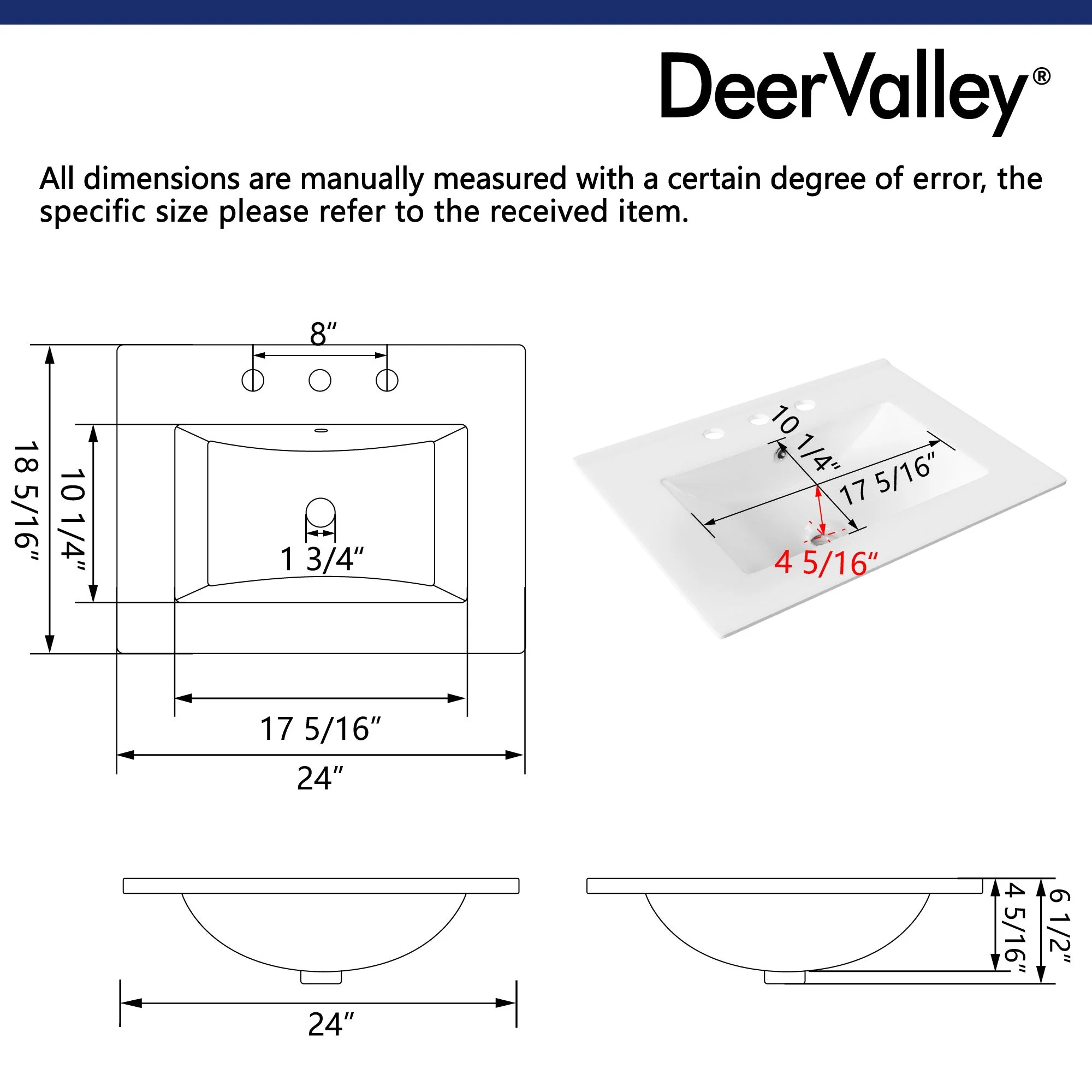24" Rectangular Vanity Top Sink, Three Faucet Holes - Image 6