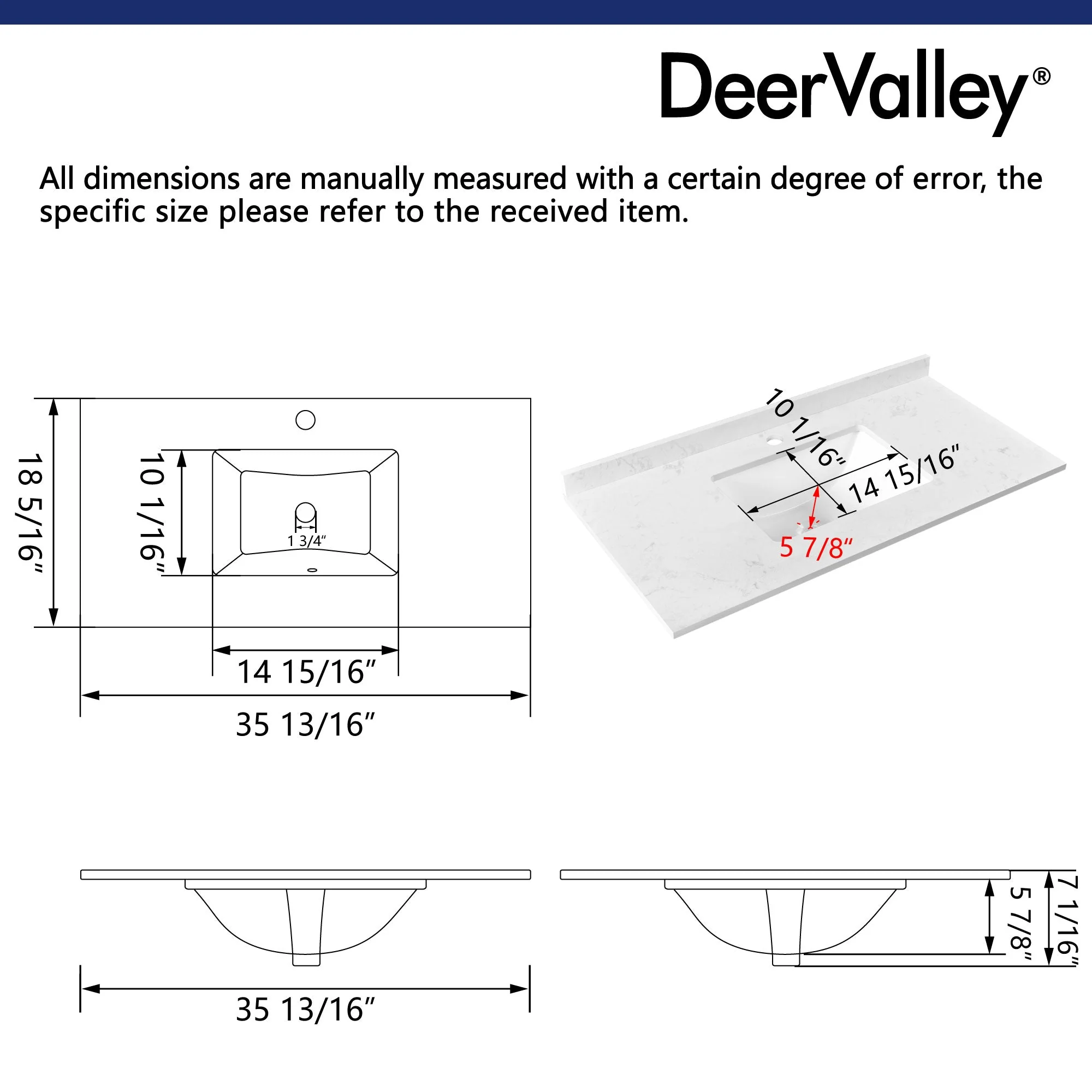35" Rectangular Vanity Top Sink, Oversized countertop - Image 8