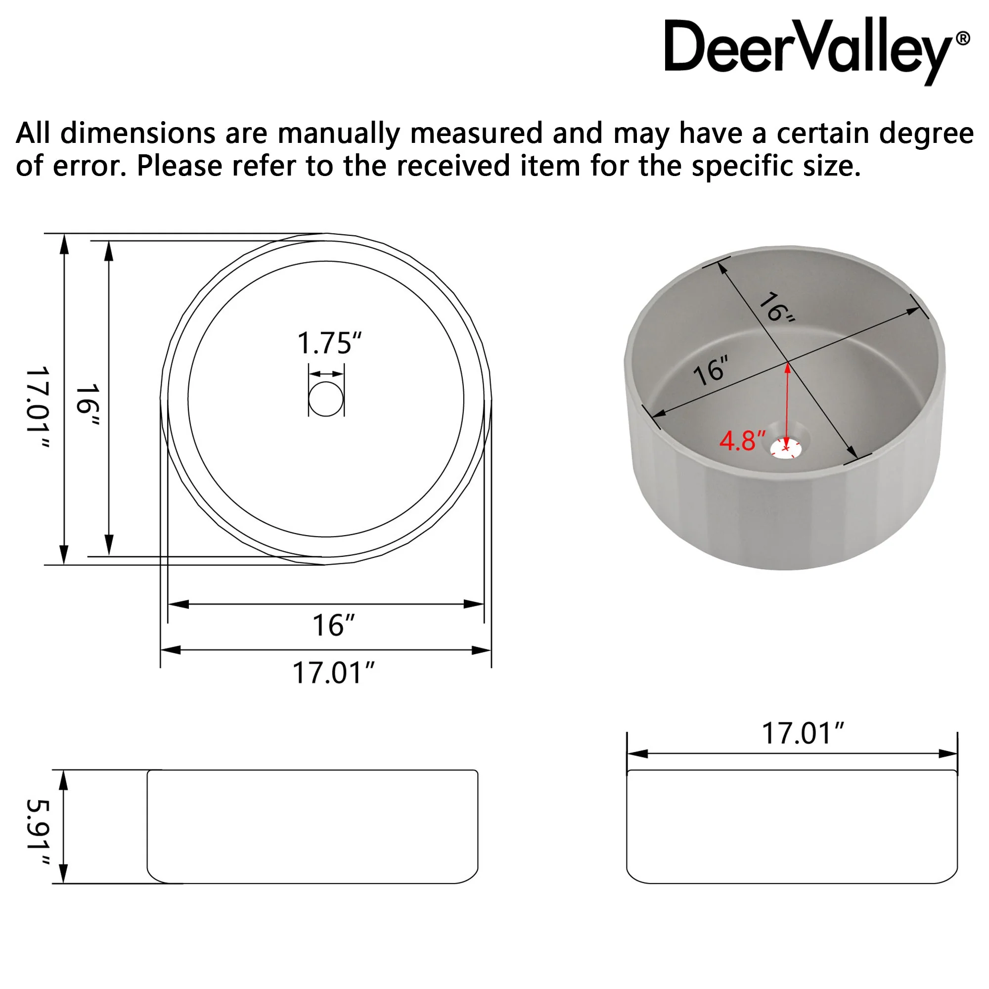 17" x 6" Round Vessel Bathroom Sink, Concrete - Image 8